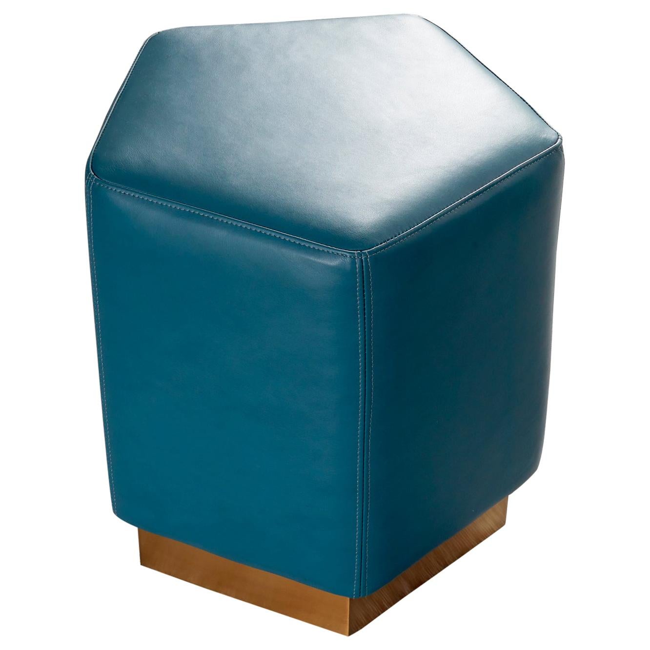 Ermes Pentagon Pouf Mousse Leather Ottanio Blue and Antique Brass Plinth