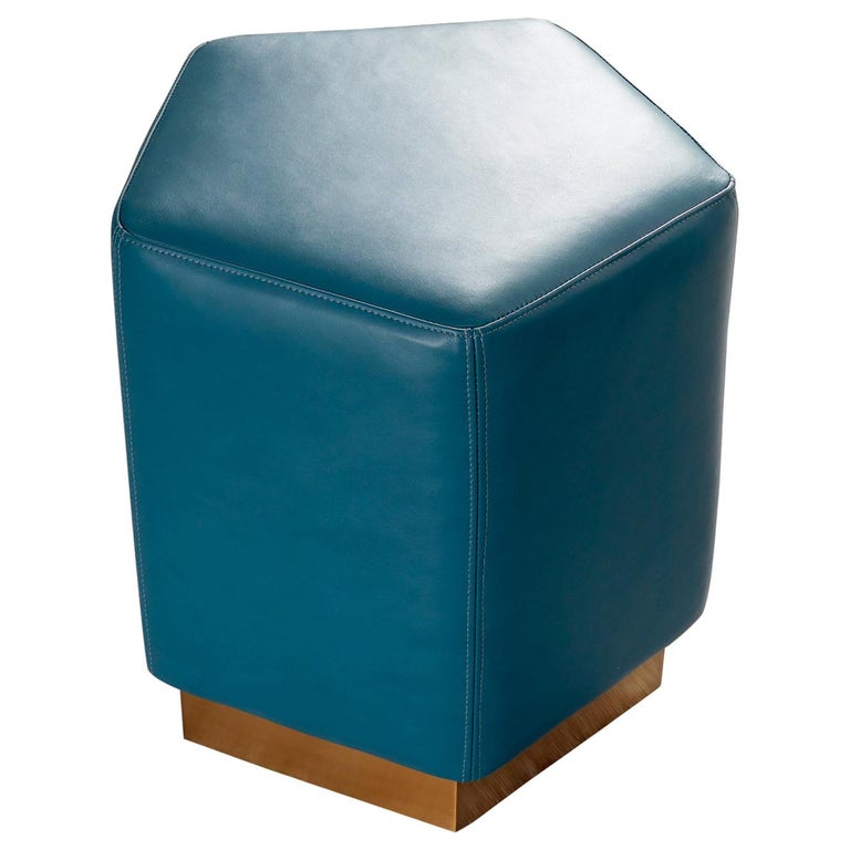 Ermes Pentagon Pouffe Mousse Leather Ottanio Blue and Antique Brass Plinth  For Sale at 1stDibs