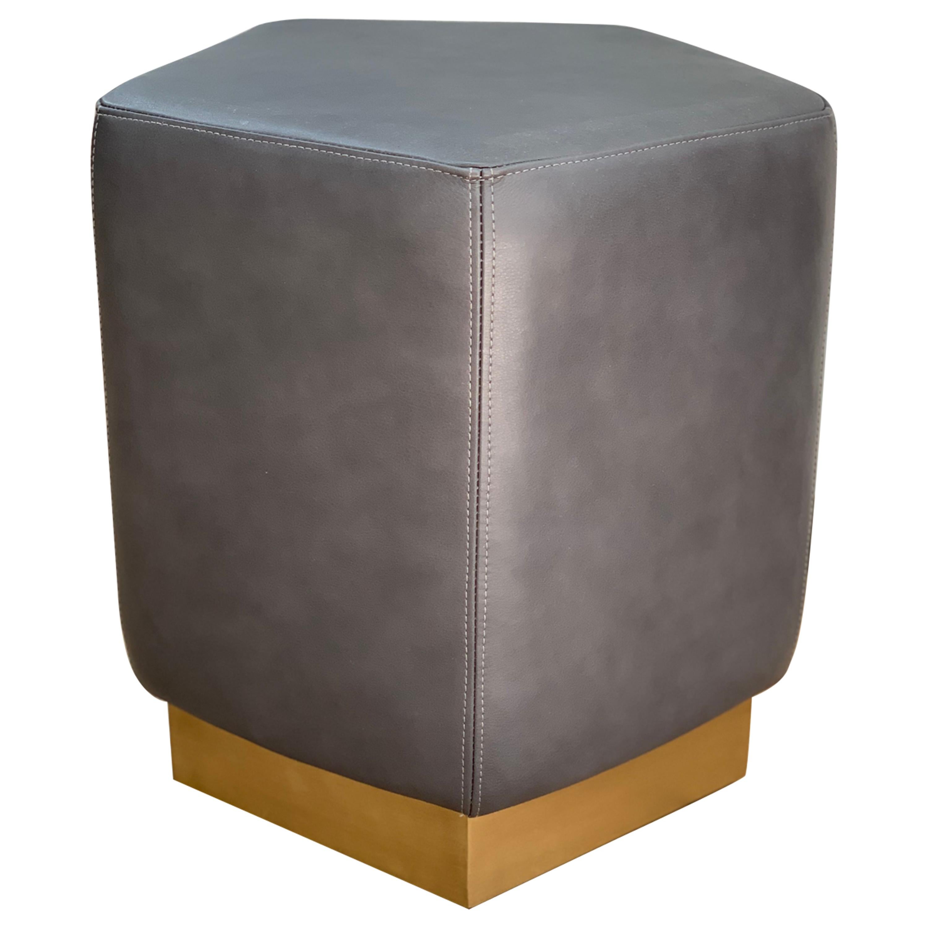 Ermes Pentagon Pouf Mousse Leather Antracite Grey and Antique Brass Plinth For Sale