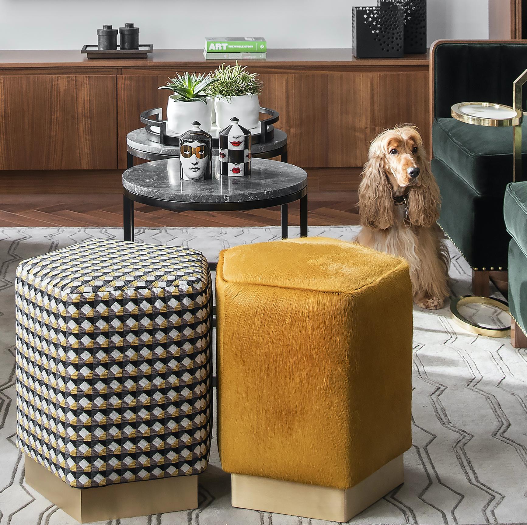 Powder-Coated Ermes Pentagon Pouf Mustard Cowhide and Antique Brass Plinth For Sale