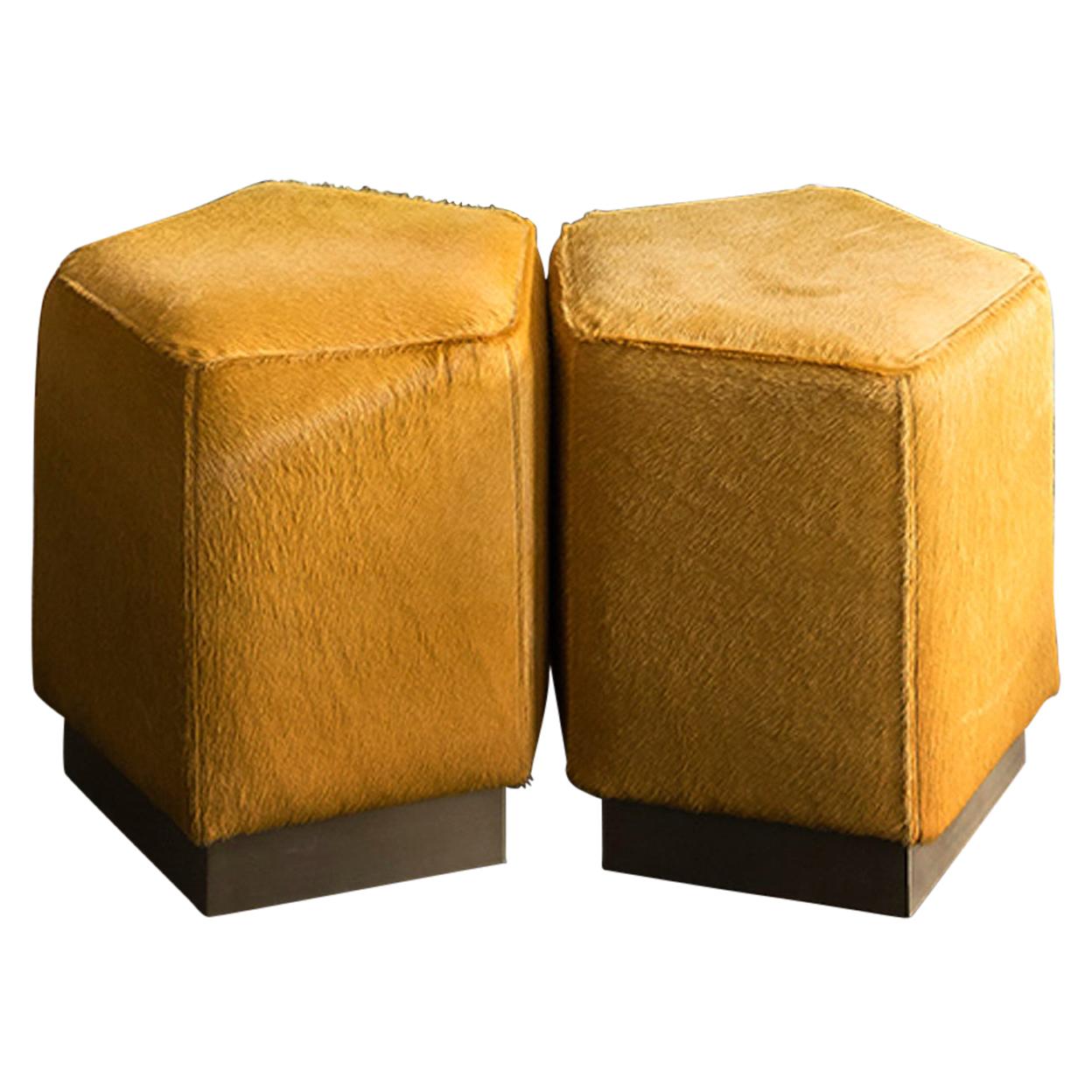 Ermes Pentagon Pouf Mustard Cowhide and Antique Brass Plinth For Sale