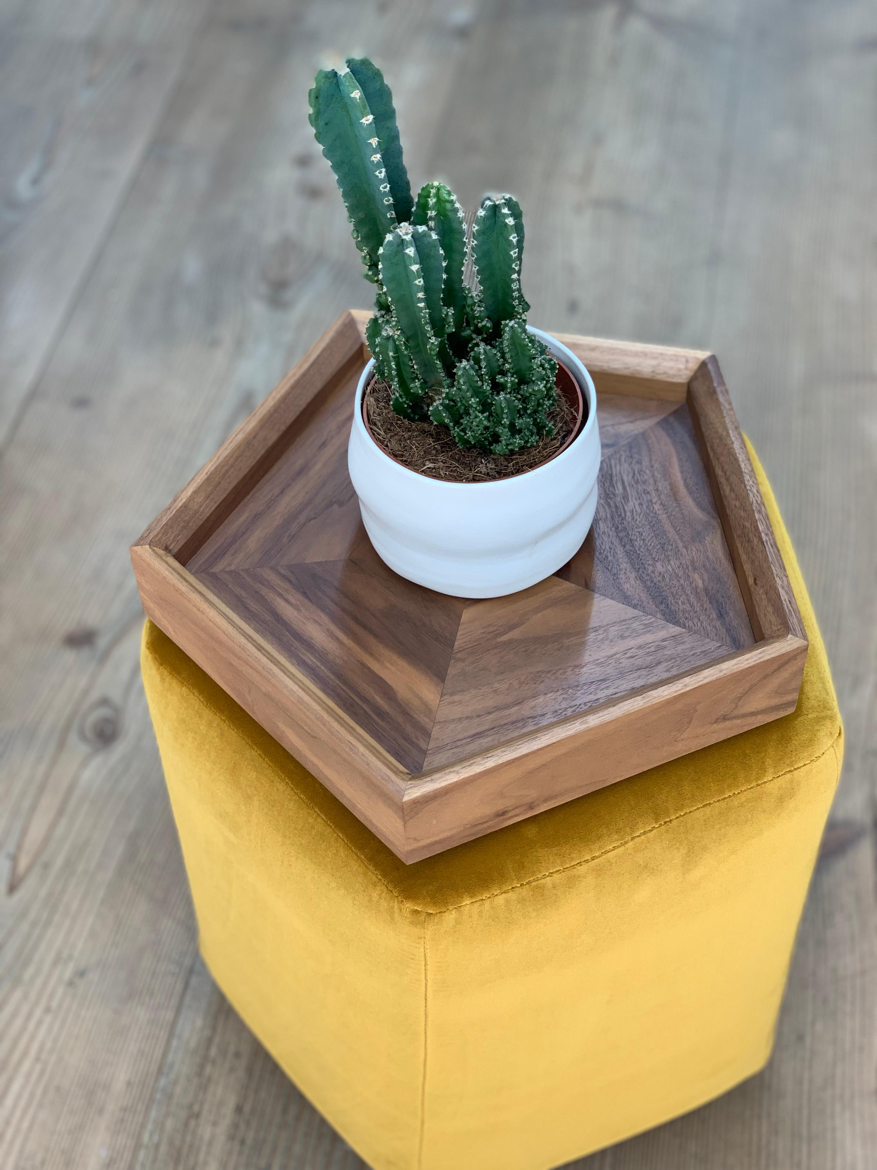 Powder-Coated Ermes Pentagon Pouf Mustard Velvet and Antique Brass Plinth For Sale