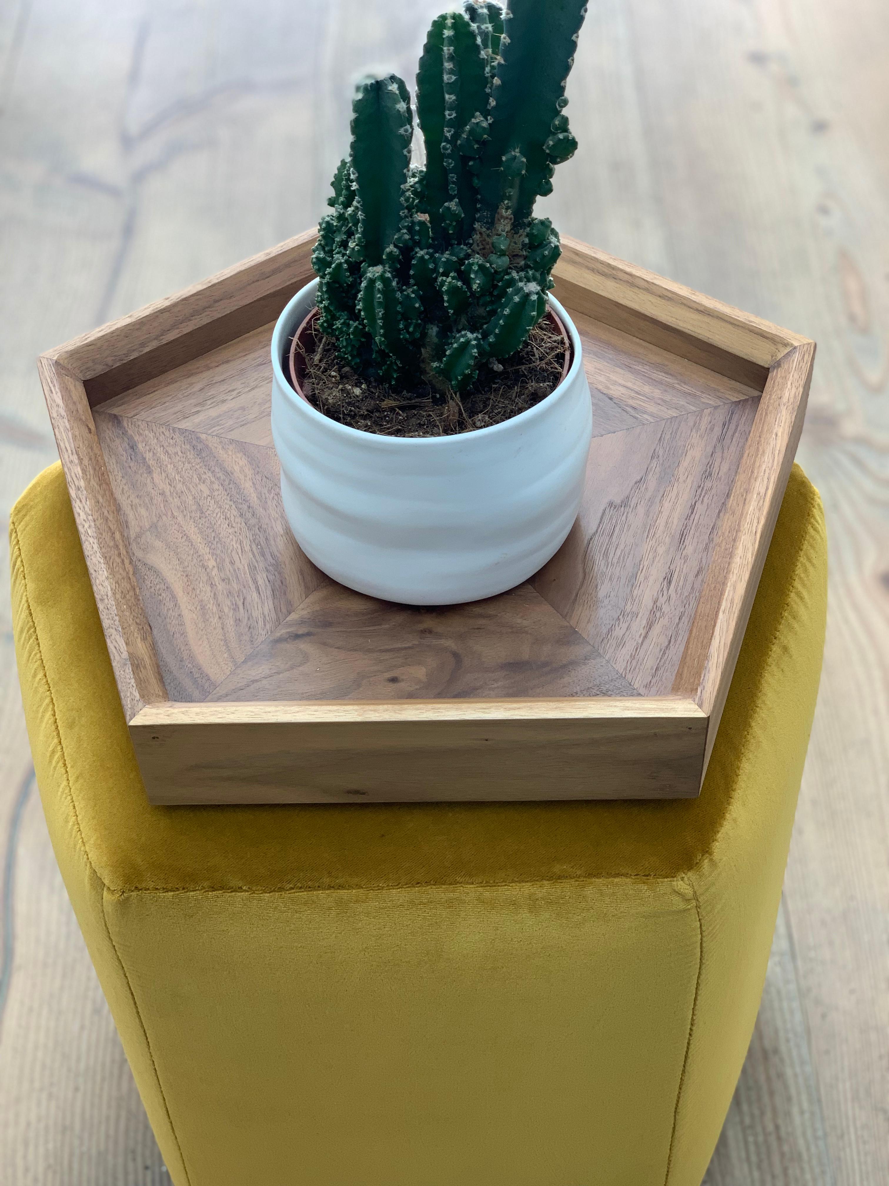 Contemporary Ermes Pentagon Pouf Mustard Velvet and Antique Brass Plinth For Sale