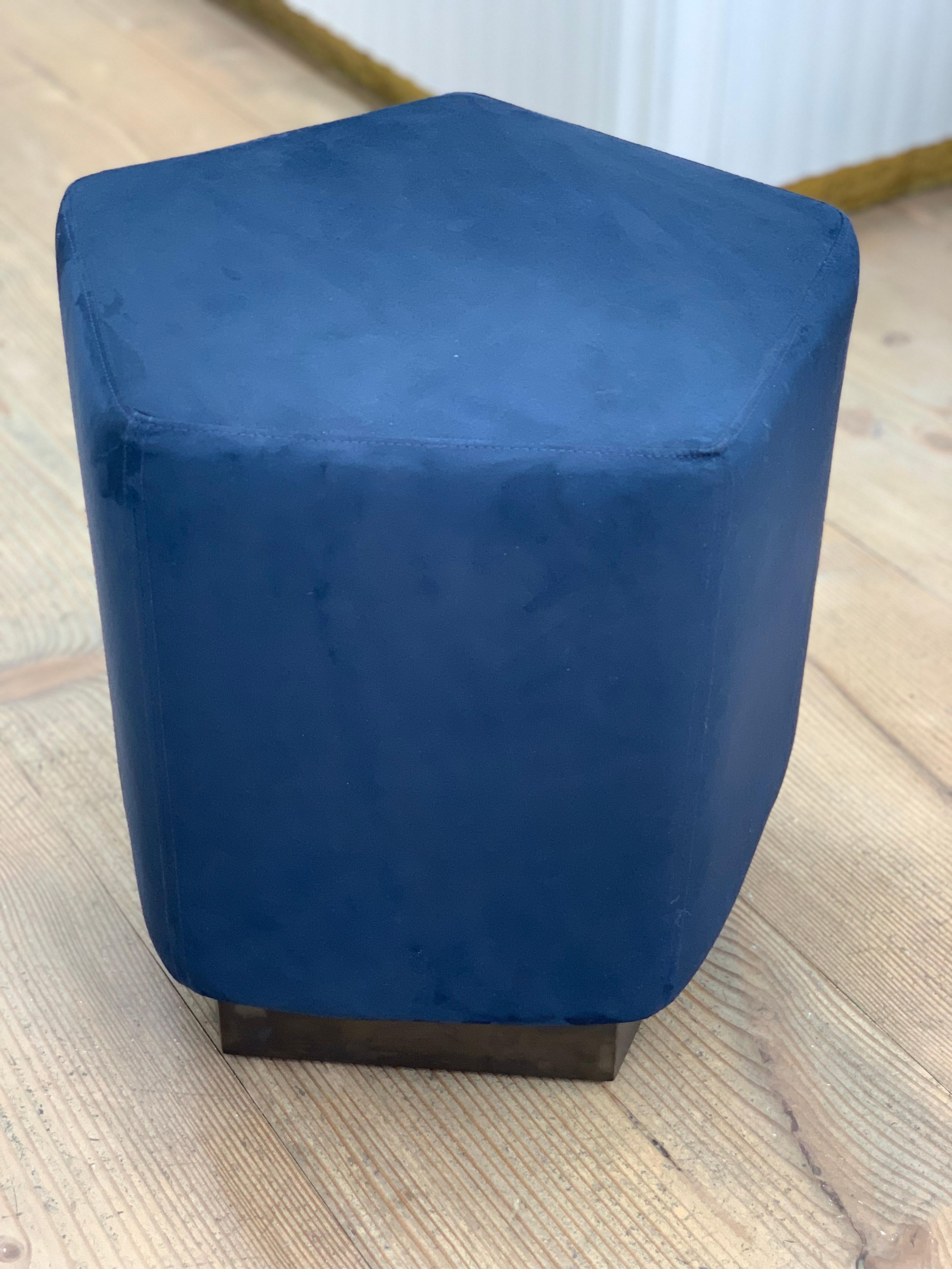 Art Deco Ermes Pentagon Pouf Navy Ultrasuede and Antique Brass Plinth For Sale