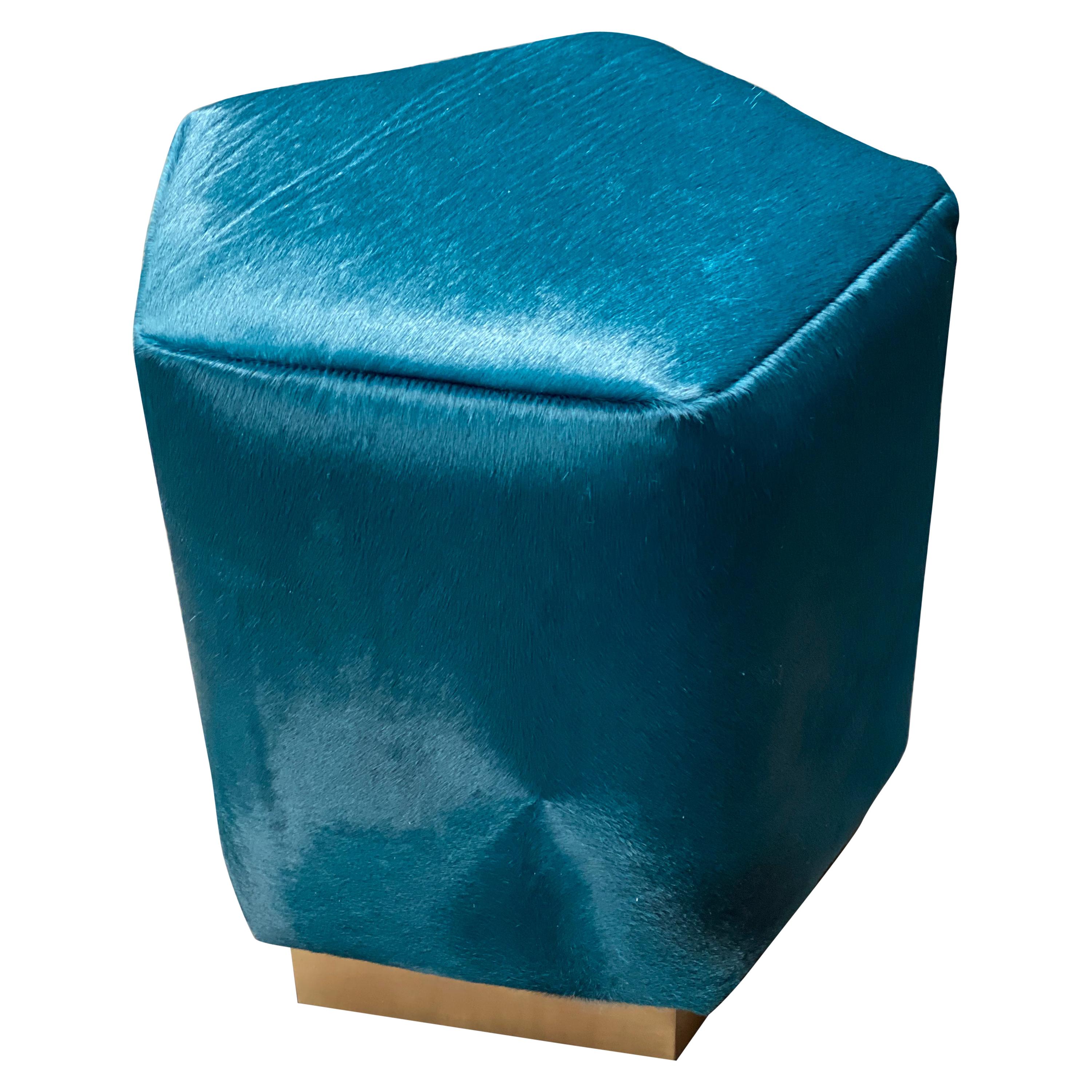 Ermes Pentagon Pouf Teal Cowhide and Antique Brass Plinth