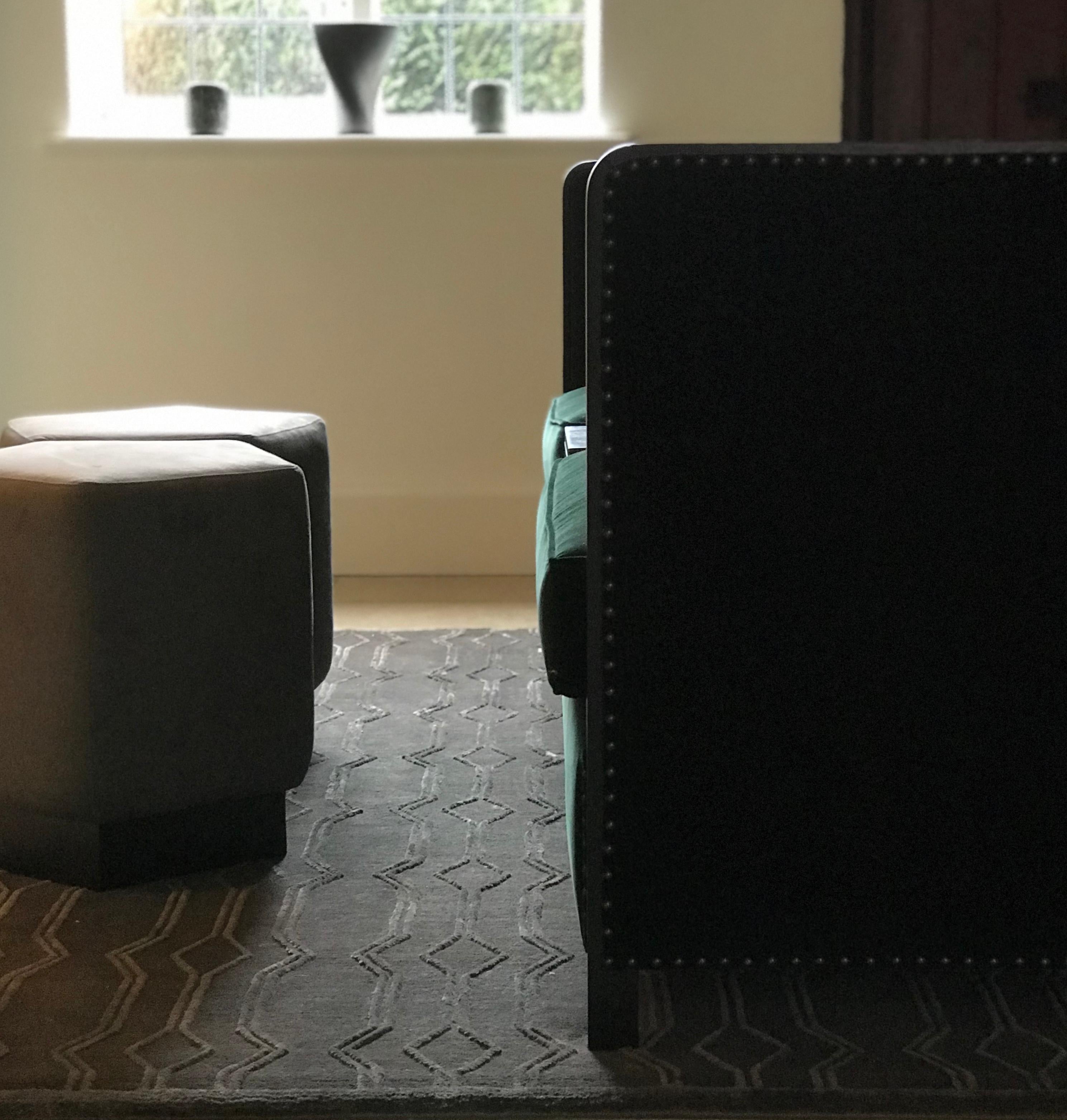 British Ermes Pentagon Pouf Trench Ultrasuede and Antique Brass Plinth For Sale