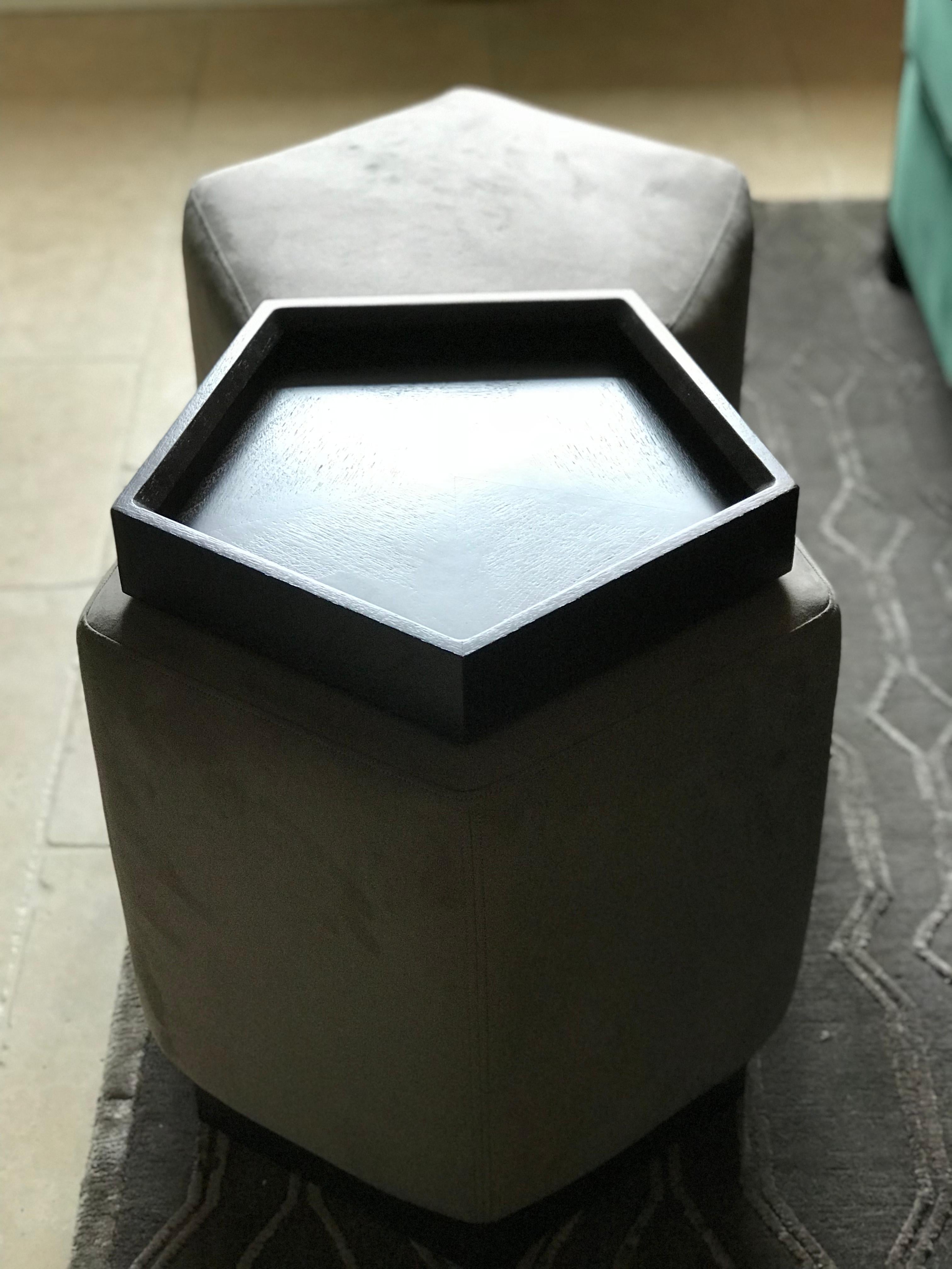 Contemporary Ermes Pentagon Pouf Trench Ultrasuede and Antique Brass Plinth For Sale