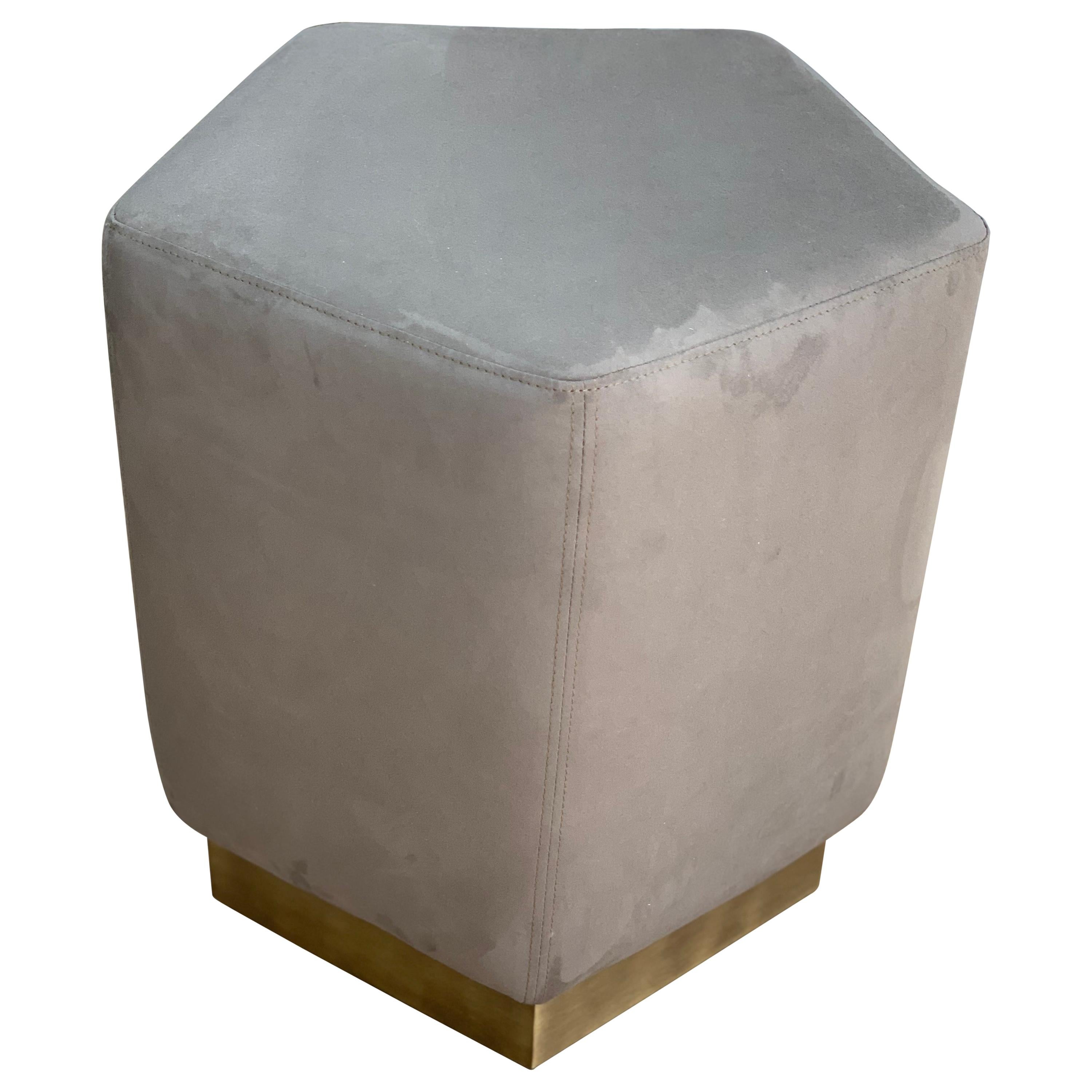 Ermes Pentagon Pouf Trench Ultrasuede and Antique Brass Plinth For Sale