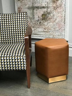Ermes Pouf Pentagon Shape in Ultra-Leather in Tan Color and Brass Plinth