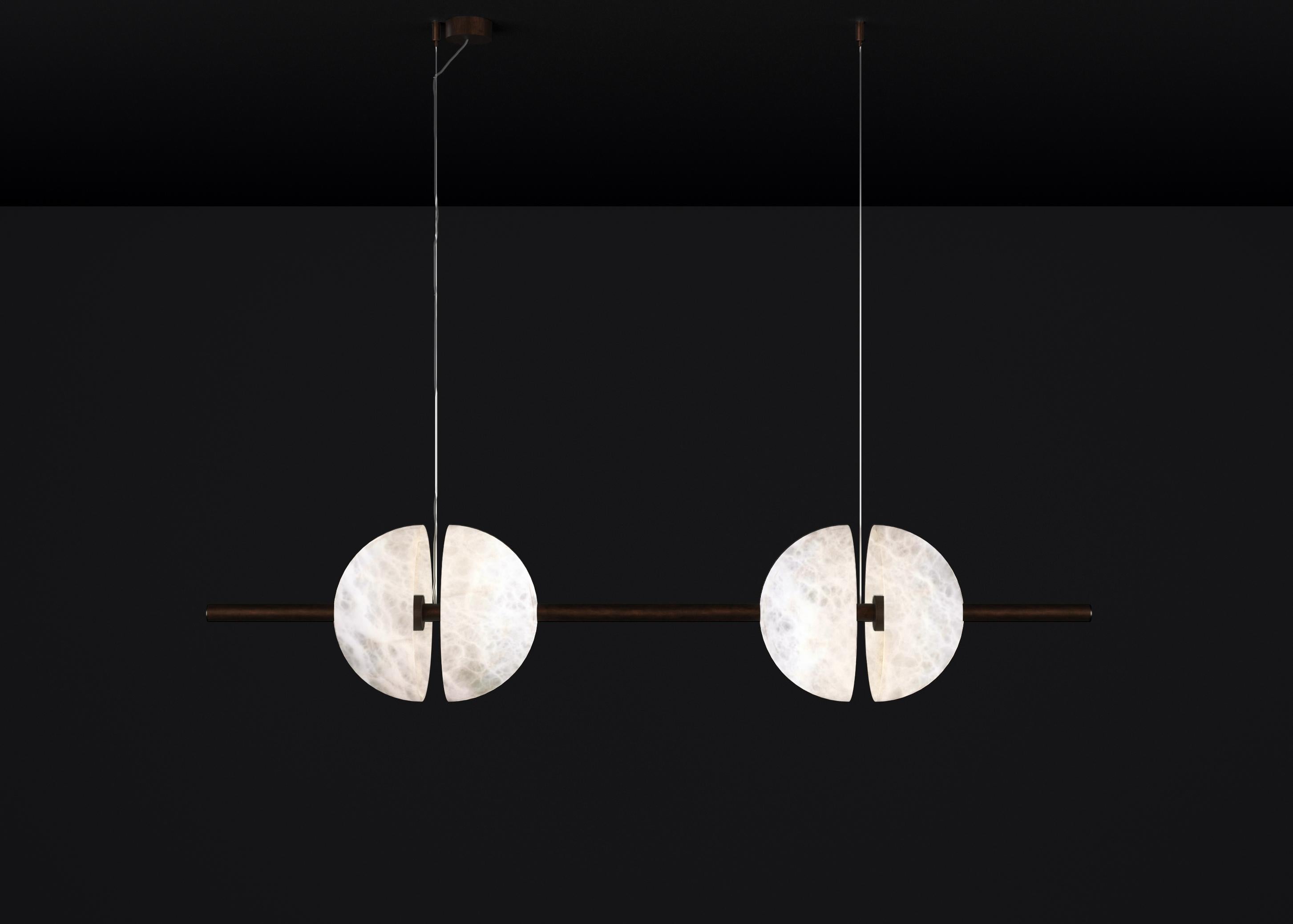 Ermes Ruggine Of Florence And Alabaster Pendant Light 1 by Alabastro Italiano
Dimensions: D 30 x W 150 x H 300 cm.
Materials: White alabaster and ruggine of Florence metal.

Available in different finishes: Shiny Silver, Bronze, Brushed Brass,