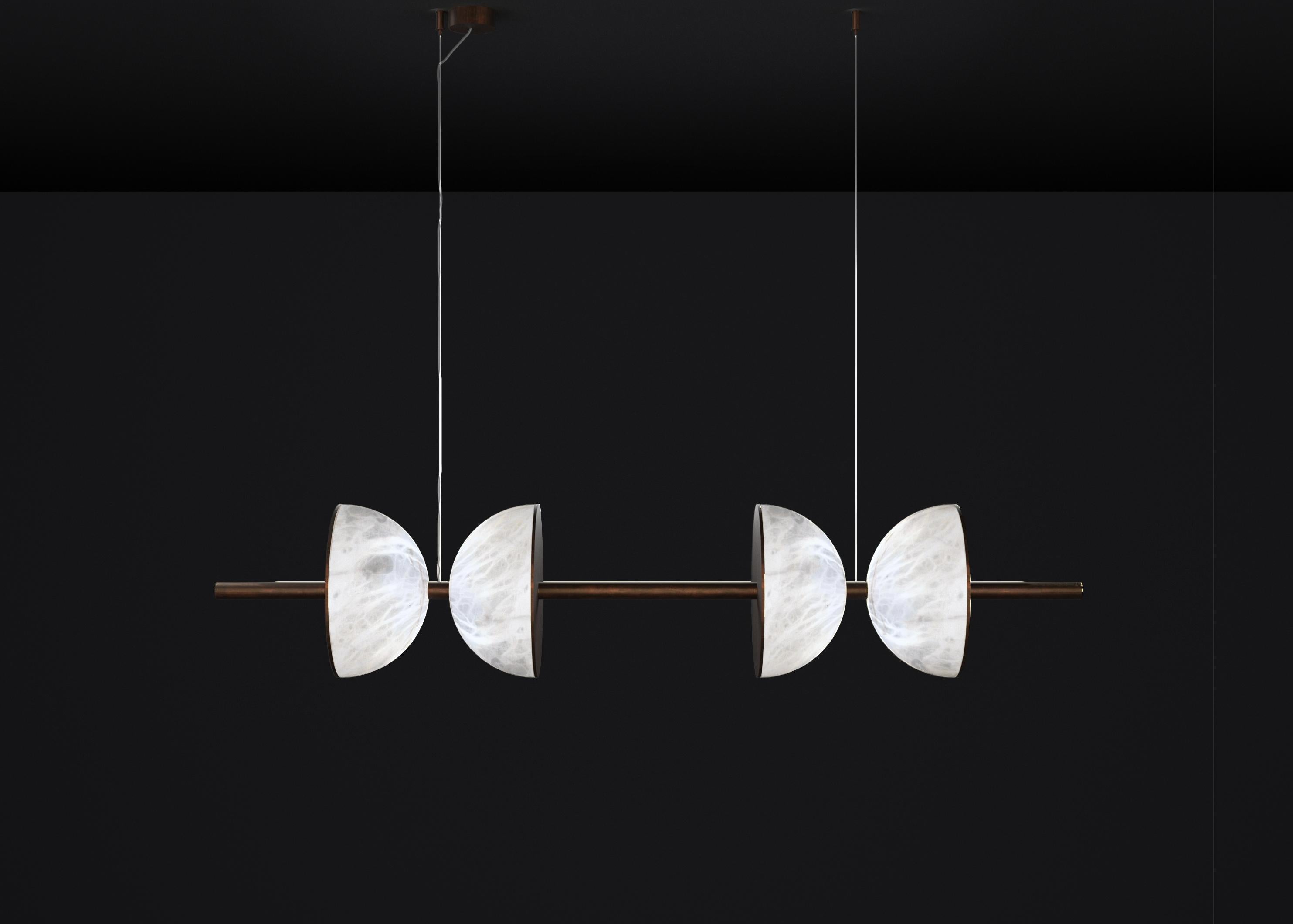 Ermes Ruggine Of Florence And Alabaster Pendant Light 2 by Alabastro Italiano
Dimensions: D 30 x W 150 x H 300 cm.
Materials: White alabaster and Ruggine of Florence metal.

Available in different finishes: Shiny Silver, Bronze, Brushed Brass,