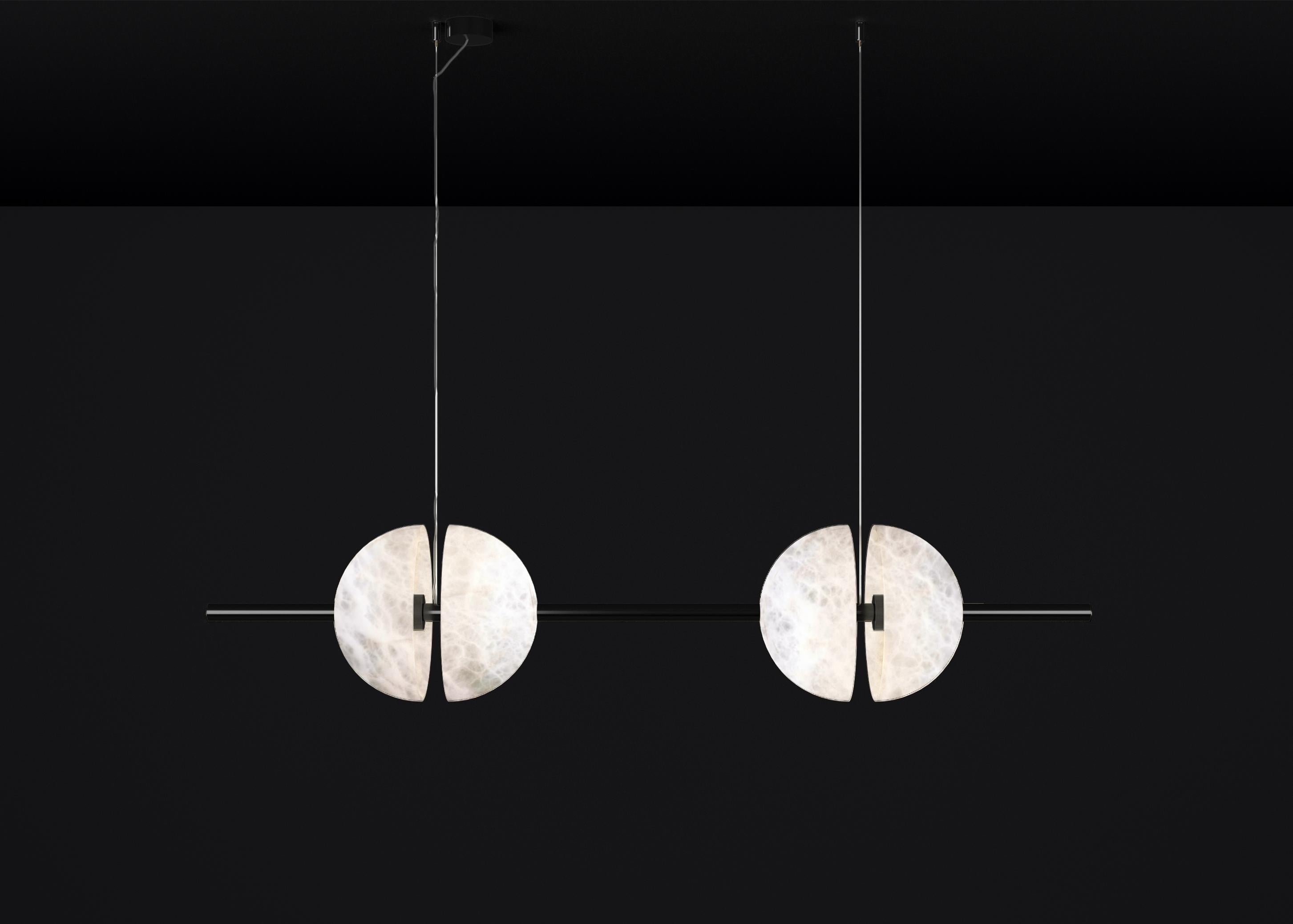 Ermes Shiny Black Metal And Alabaster Pendant Light 1 by Alabastro Italiano
Dimensions: D 30 x W 150 x H 300 cm.
Materials: White alabaster and shiny black metal.

Available in different finishes: Shiny Silver, Bronze, Brushed Brass, Ruggine of