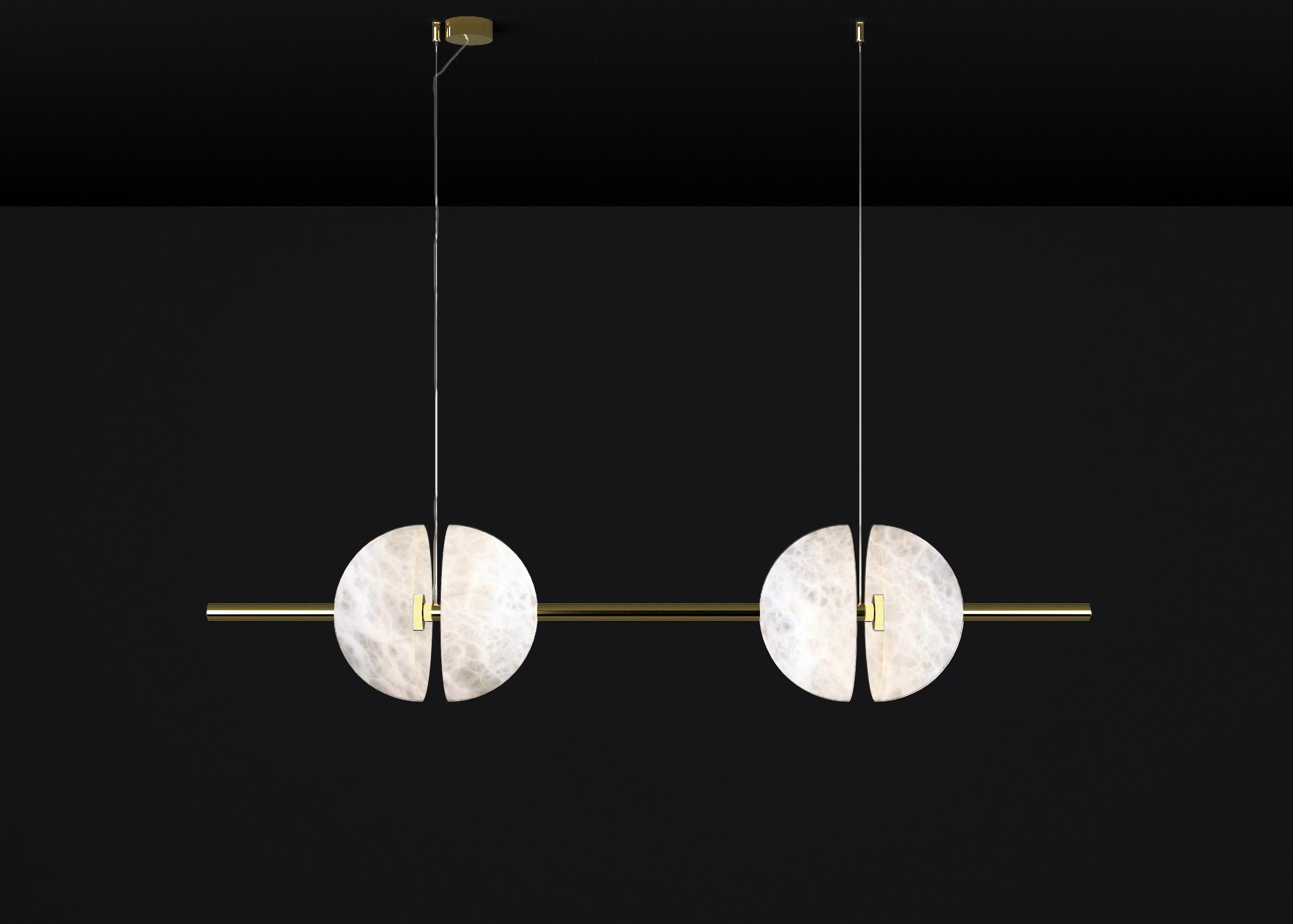 Ermes Shiny Gold Metal And Alabaster Pendant Light 1 by Alabastro Italiano
Dimensions: D 30 x W 150 x H 300 cm.
Materials: White alabaster and shiny gold metal.

Available in different finishes: Shiny Silver, Bronze, Brushed Brass, Ruggine of