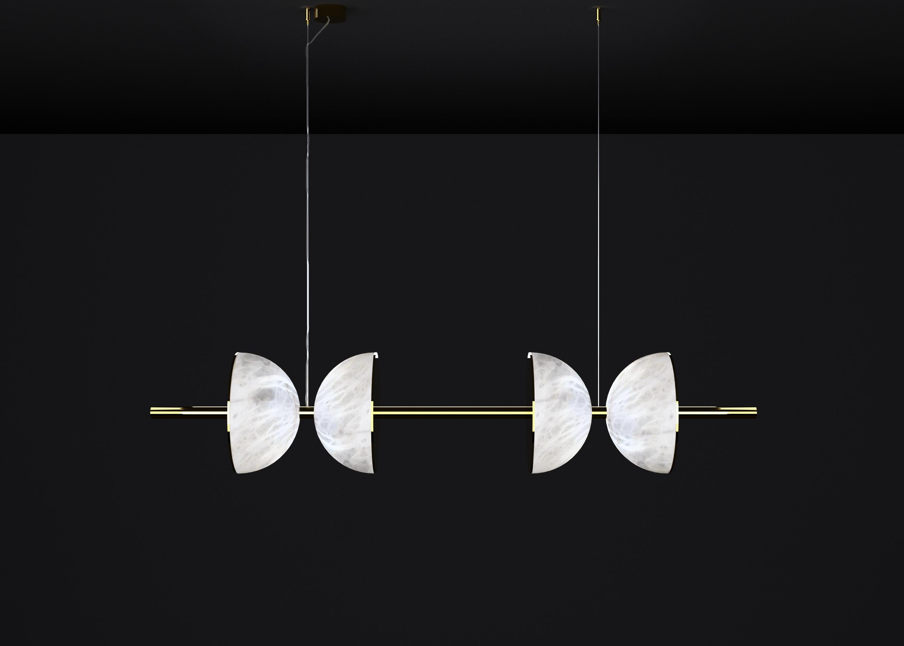 Ermes Shiny Gold Metal And Alabaster Pendant Light 2 by Alabastro Italiano
Dimensions: D 30 x W 150 x H 300 cm.
Materials: White alabaster and shiny gold metal.

Available in different finishes: Shiny Silver, Bronze, Brushed Brass, Ruggine of