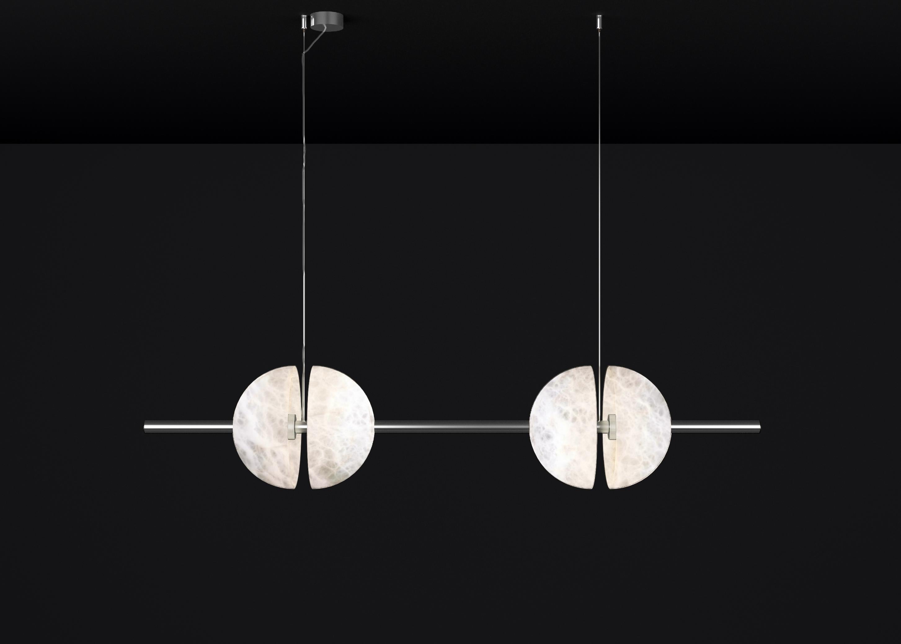 Ermes Shiny Silver Metal And Alabaster Pendant Light 1 by Alabastro Italiano
Dimensions: D 30 x W 150 x H 300 cm.
Materials: White alabaster and shiny silver metal.

Available in different finishes: Shiny Silver, Bronze, Brushed Brass, Ruggine of