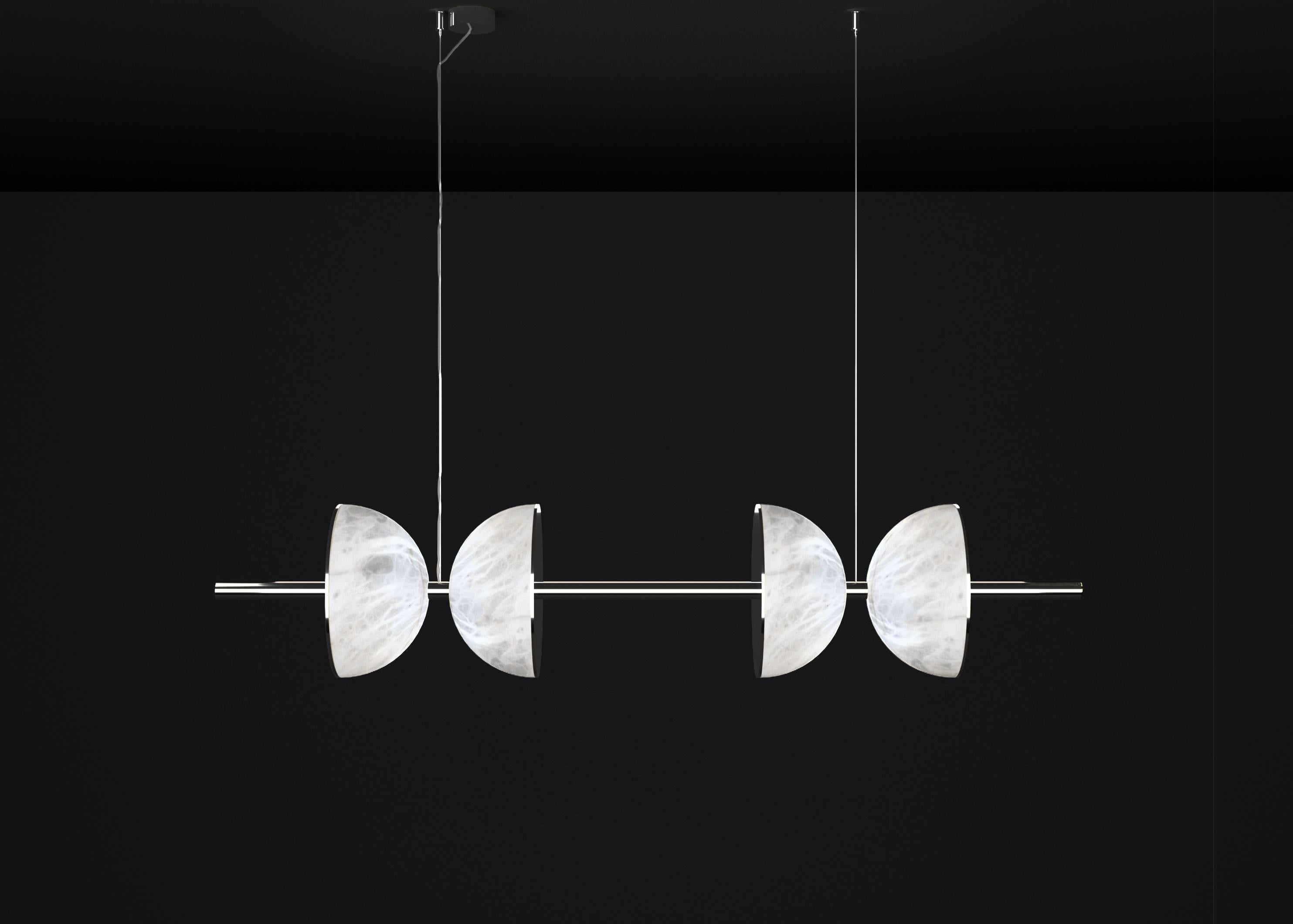 Ermes Shiny Silver Metal And Alabaster Pendant Light 2 by Alabastro Italiano
Dimensions: D 30 x W 150 x H 300 cm.
Materials: White alabaster and shiny silver metal.

Available in different finishes: Shiny Silver, Bronze, Brushed Brass, Ruggine of