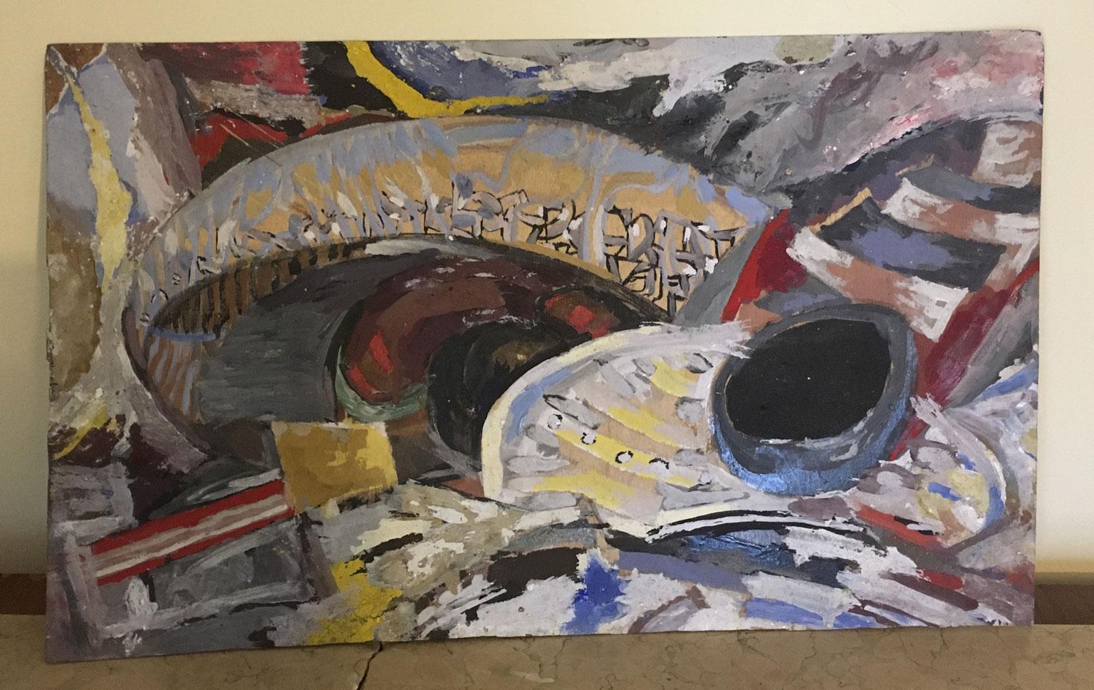 Esta impresionante obra de arte abstracto fue realizada en 1954 por el conocido artista italiano Ermete Lancini.
La obra es un óleo  pintura  en una hoja de contrachapado especialmente creada para la Bienal de Venecia  de 1954 donde se muestra con