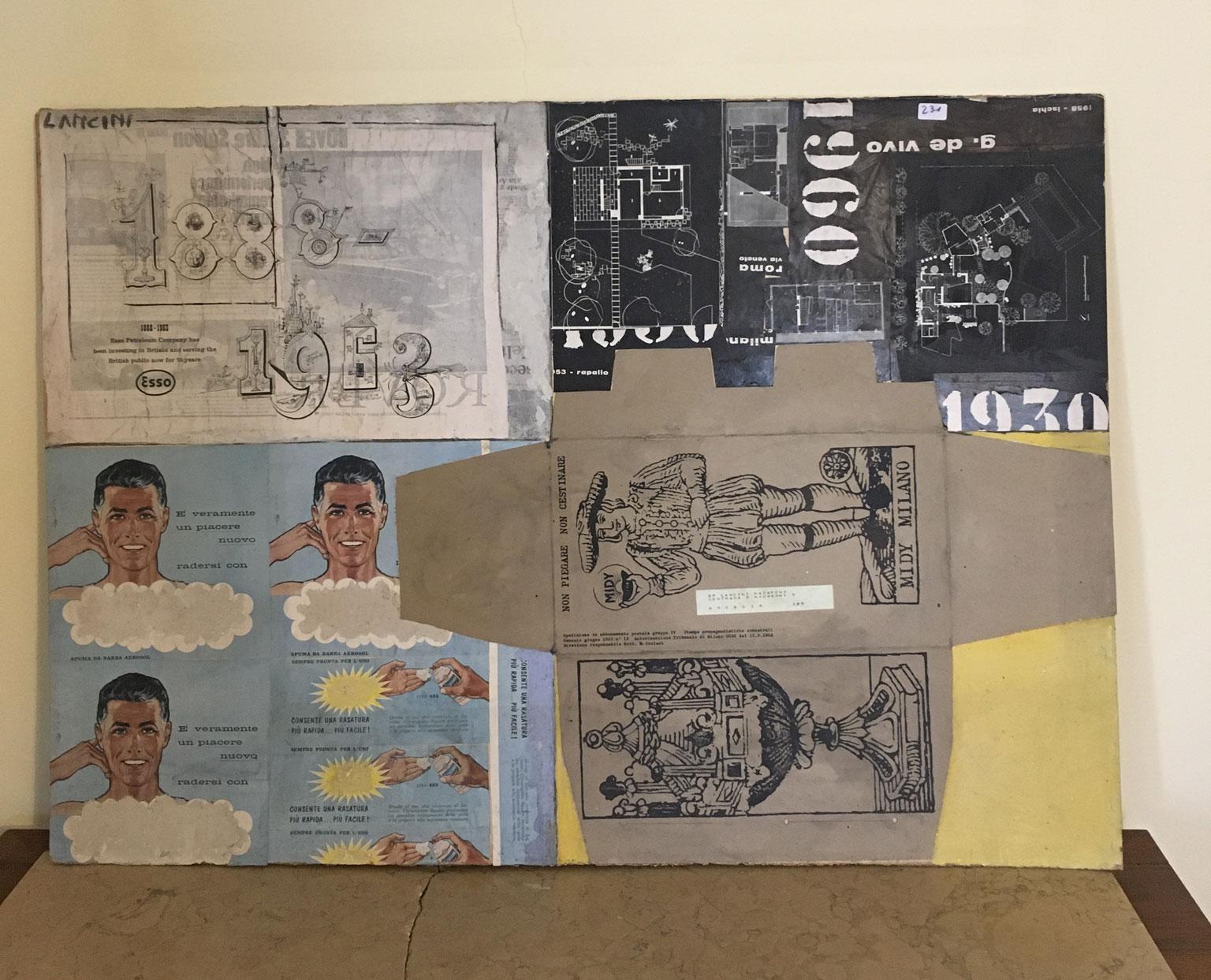 Cette étonnante œuvre d'art abstraite a été réalisée en 1960 par l'artiste italien bien connu Ermete Lancini.
L'œuvre est une peinture et un collage avec une feuille de journal et d'autres éléments collés sur la surface et au dos.
En effet, le dos