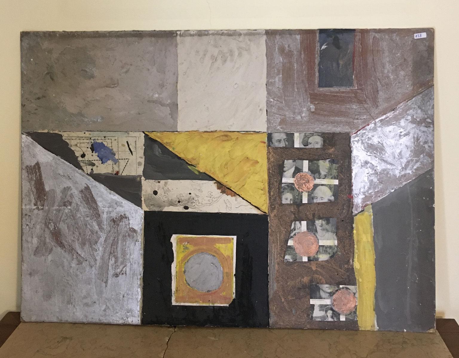 This stunning abstract artwork was made in 1960, by the well known Italian artist Ermete Lancini.
The artwork is a painting and a collage with newspaper sheet and other glued elements on the surface and on the back.
In effect the back also can be