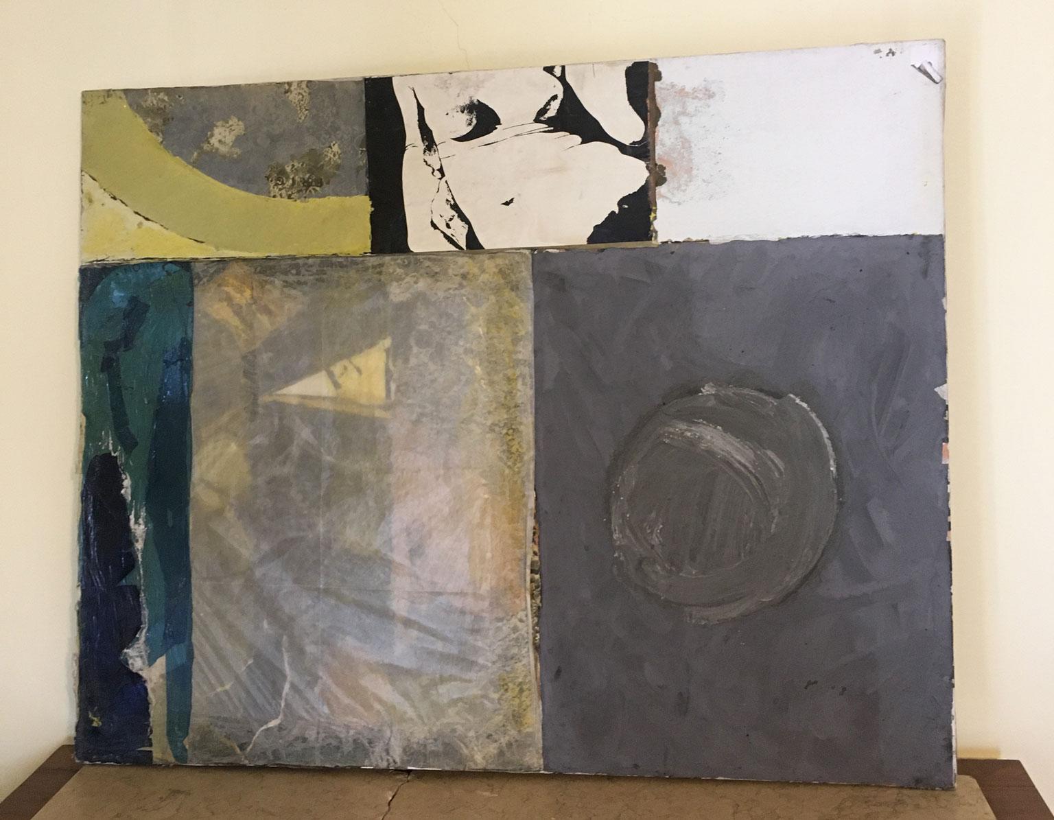 This stunning abstract artwork was made in 1960, by the well known Italian artist Ermete Lancini.
The artwork is a painting and a collage with newspaper sheet and other glued elements on the surface of the canvas.

Ermete Lancini was born in