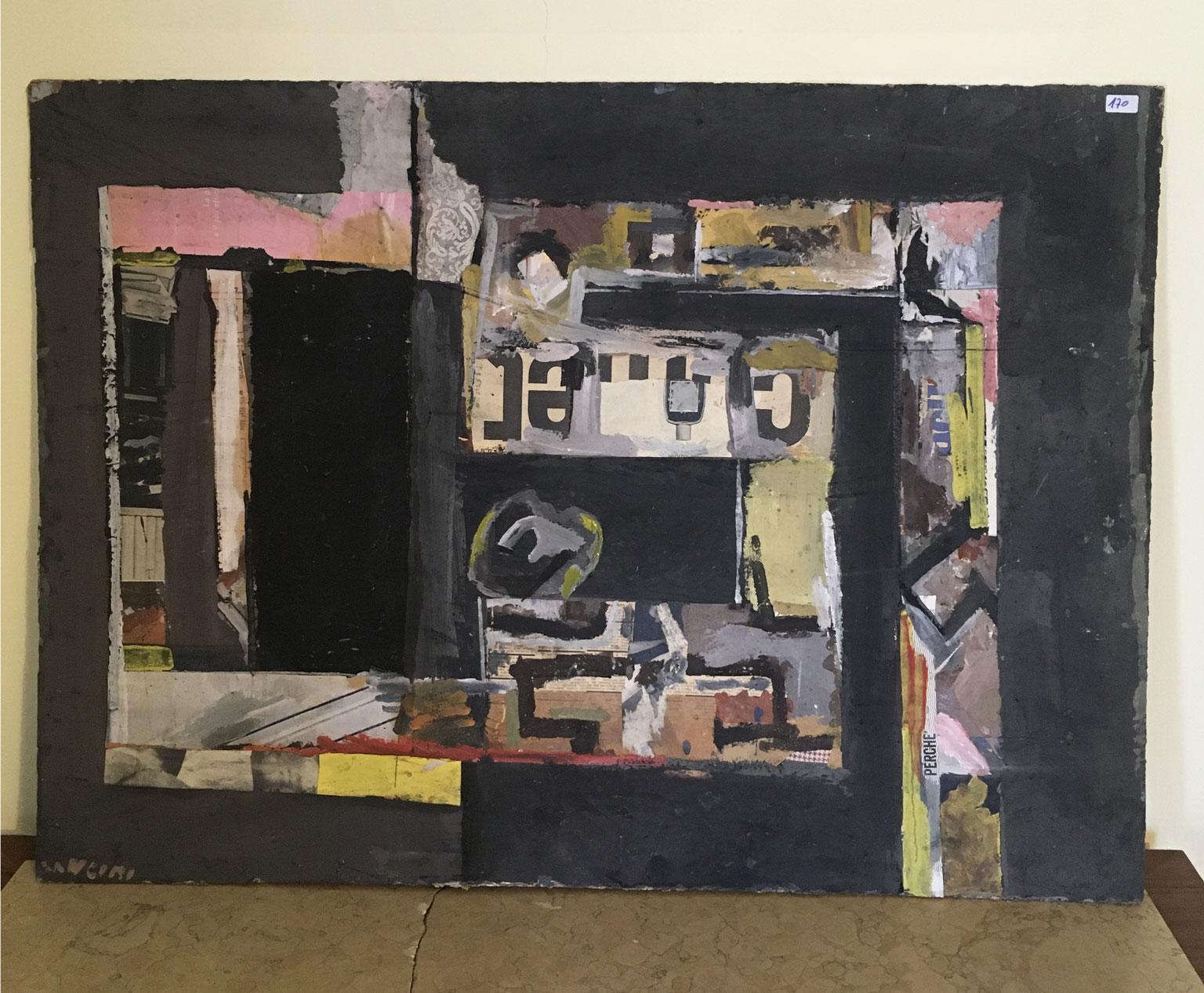 This stunning abstract artwork was made in 1962, by the well known Italian artist Ermete Lancini.
The artwork is a painting and a collage with newspaper sheet and other glued elements on the surface and on the back.
In effect the back also can be
