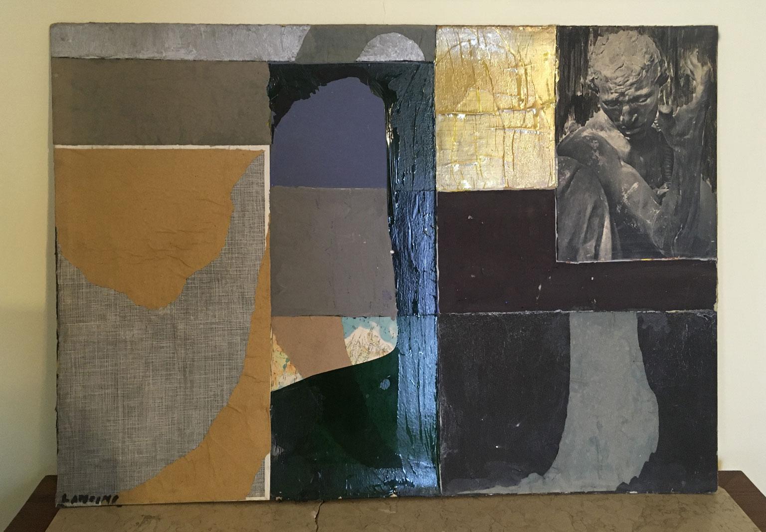 This stunning abstract artwork was made in 1960, by the well known Italian artist Ermete Lancini.
The artwork is a painting and a collage with fabric and other glued elements on the surface.
This art work can be considered a  Pop art work for its