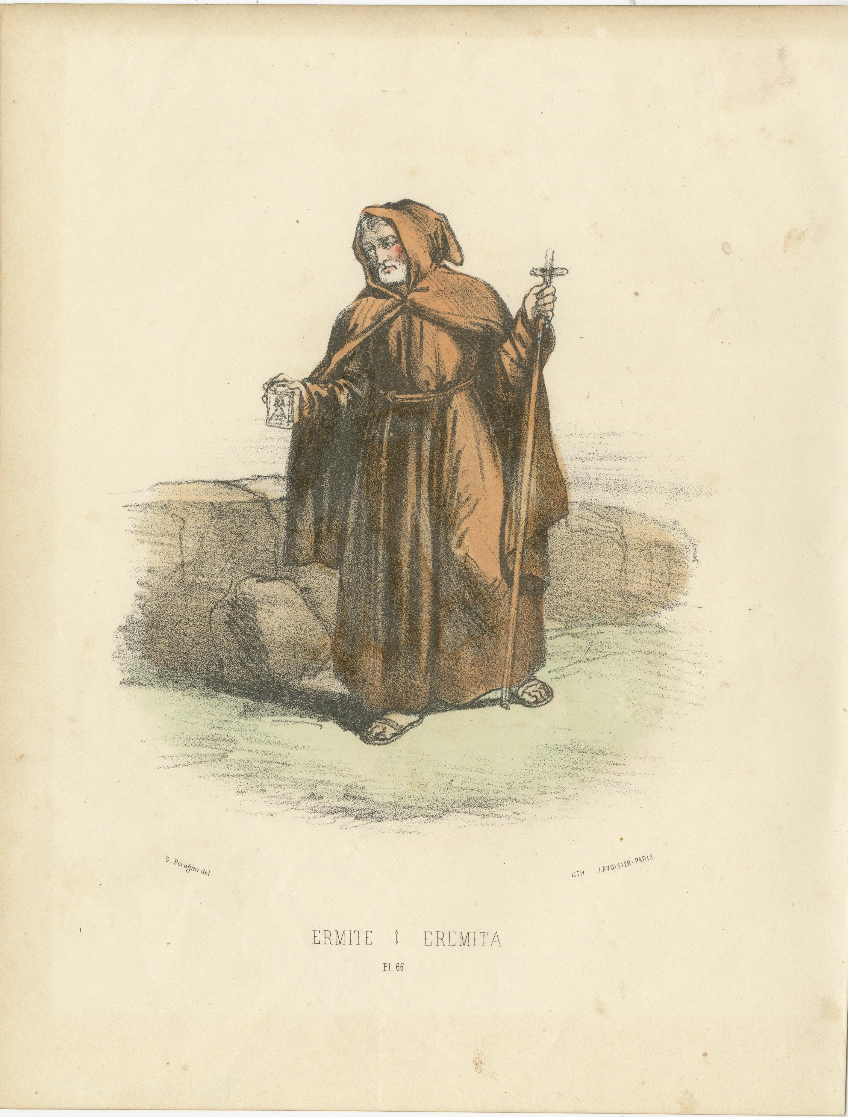 Ermite - 1862 Handkolorierte Lithographie eines Einsiedlers  

Diese handkolorierte Lithografie aus dem Jahr 1862 zeigt einen Eremiten, eine Figur, die spirituelle Einsamkeit und Askese verkörpert. Der Einsiedler ist in einem braunen Kapuzengewand