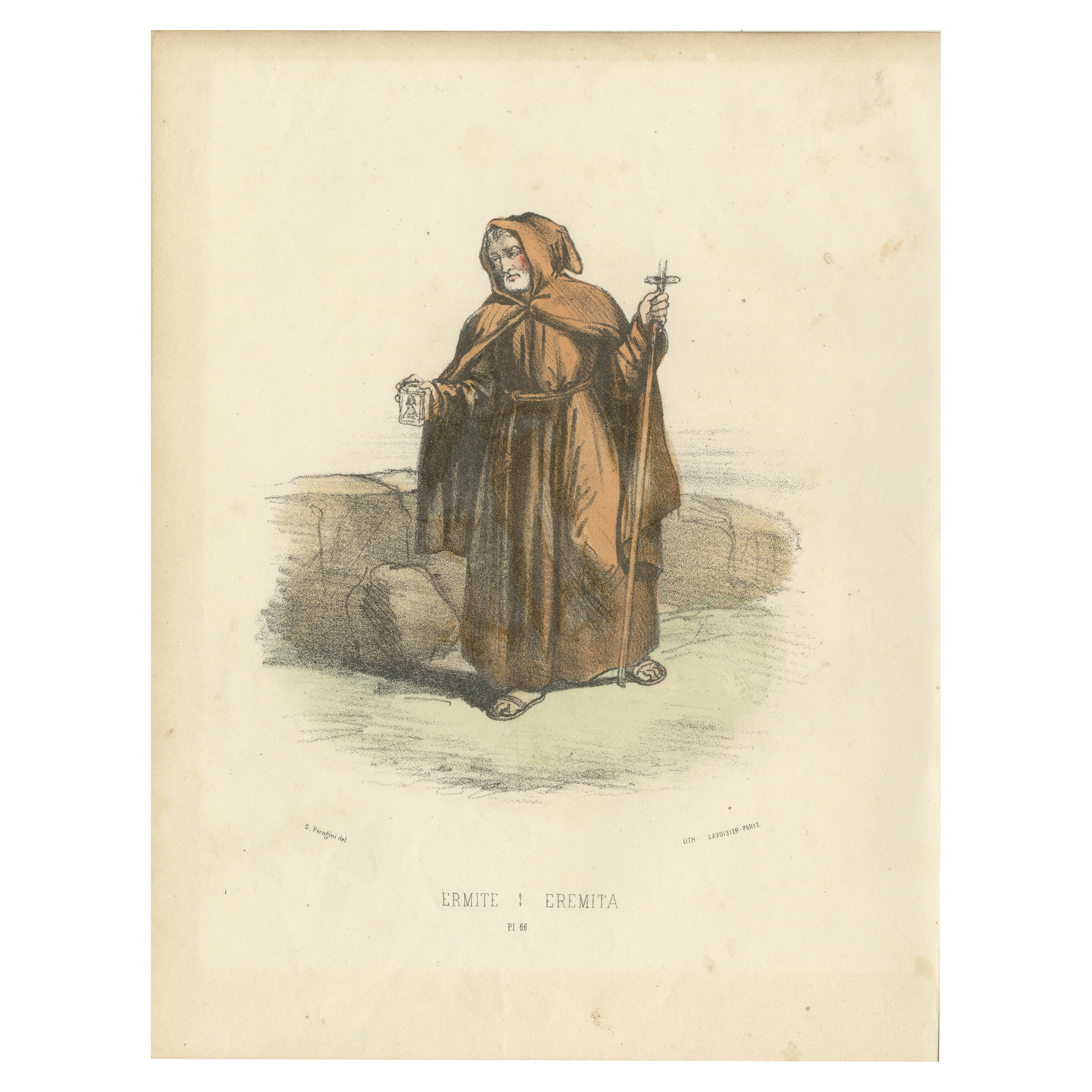 Ermite - 1862 Handkolorierte Lithographie eines Einsiedlers