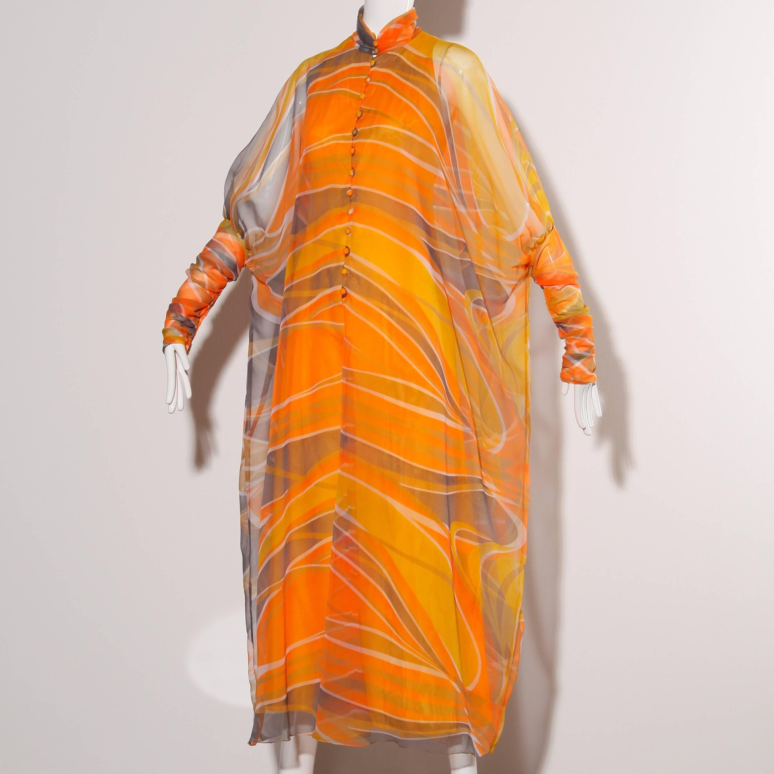 Erna Beverly Hills Vintage Orange Op Art Print Caftan Maxi Dress, 1970s  1