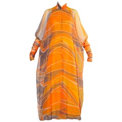 Erna Beverly Hills Vintage Orange Op Art Print Caftan Maxi Dress, 1970s 