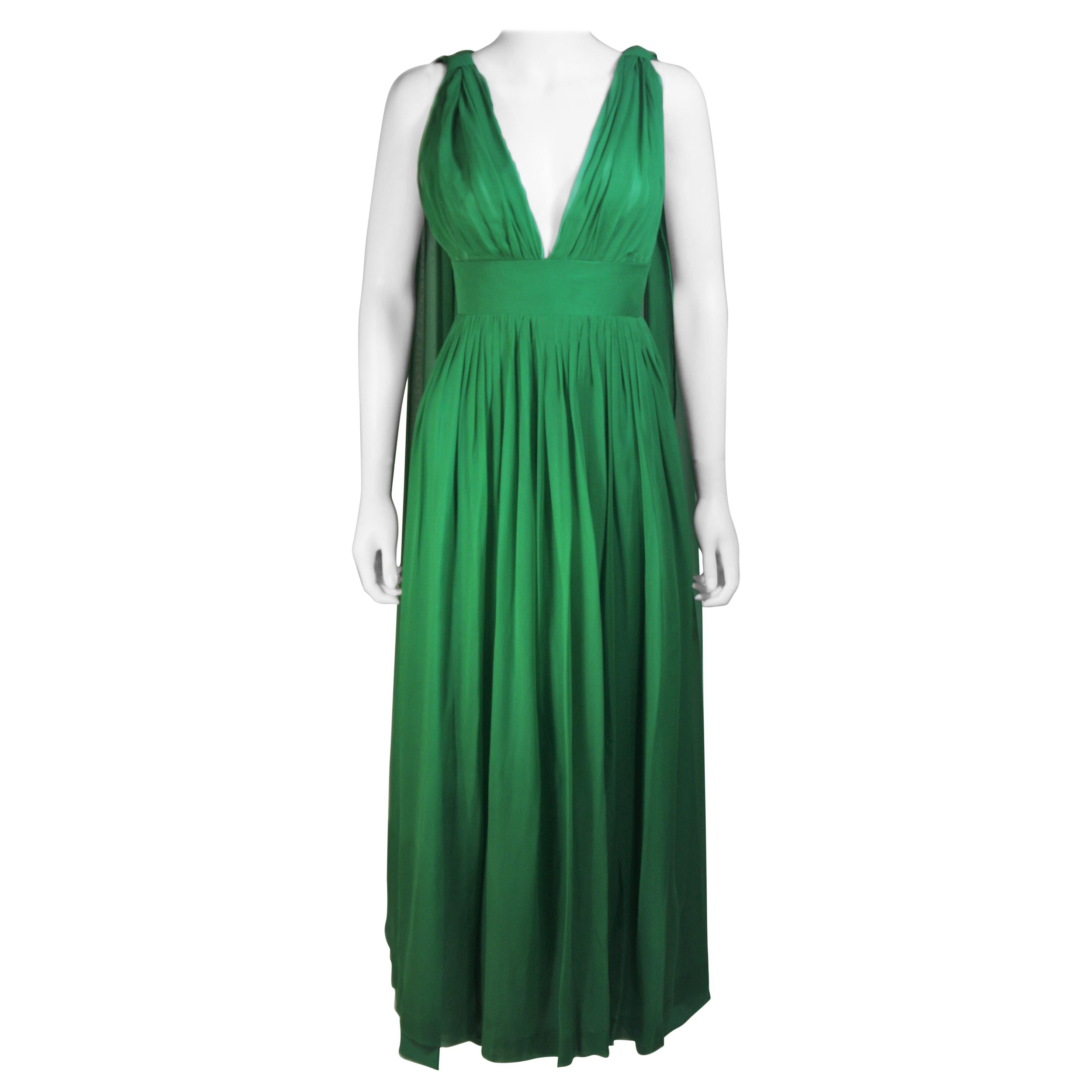 Erna Circa 1960s Green Pleated Silk Chiffon Gown