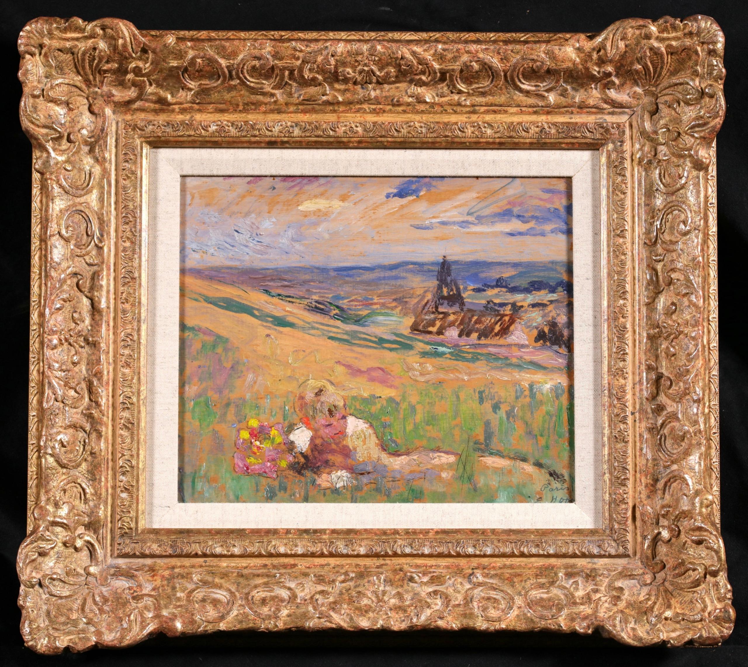 Signed and inscribed oil on panel figure in landscape circa 1908 by British painter Erna Hoppe Kinross. The work depicts a young child lying on a hillside at Giverny overlooking L
Eglise Sainte-Radegonde. The child is holding a bunch of