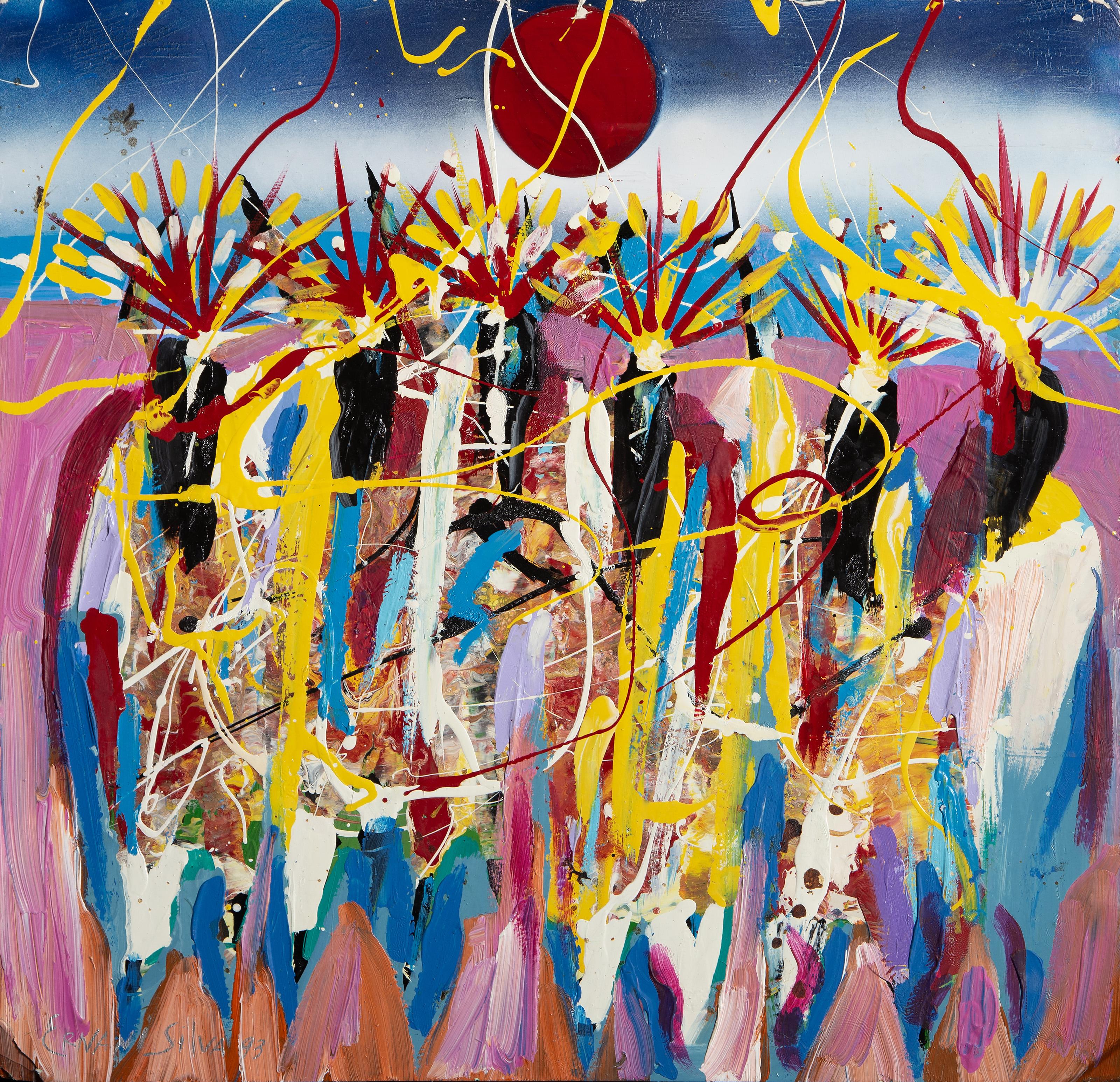 Ceremonia bajo la Luna, Pintura acrílica de arte popular de Ernani Silva