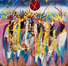 Ceremony under Moon, Folk Art Acrylic Painting by Ernani Silva