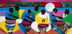 Drumming Under the Moon, Folk Art Acrylic Painting by Ernani Silva