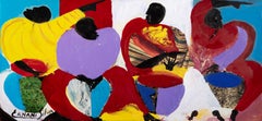Figuras tocando el tambor, pintura acrílica de arte popular de Ernani Silva
