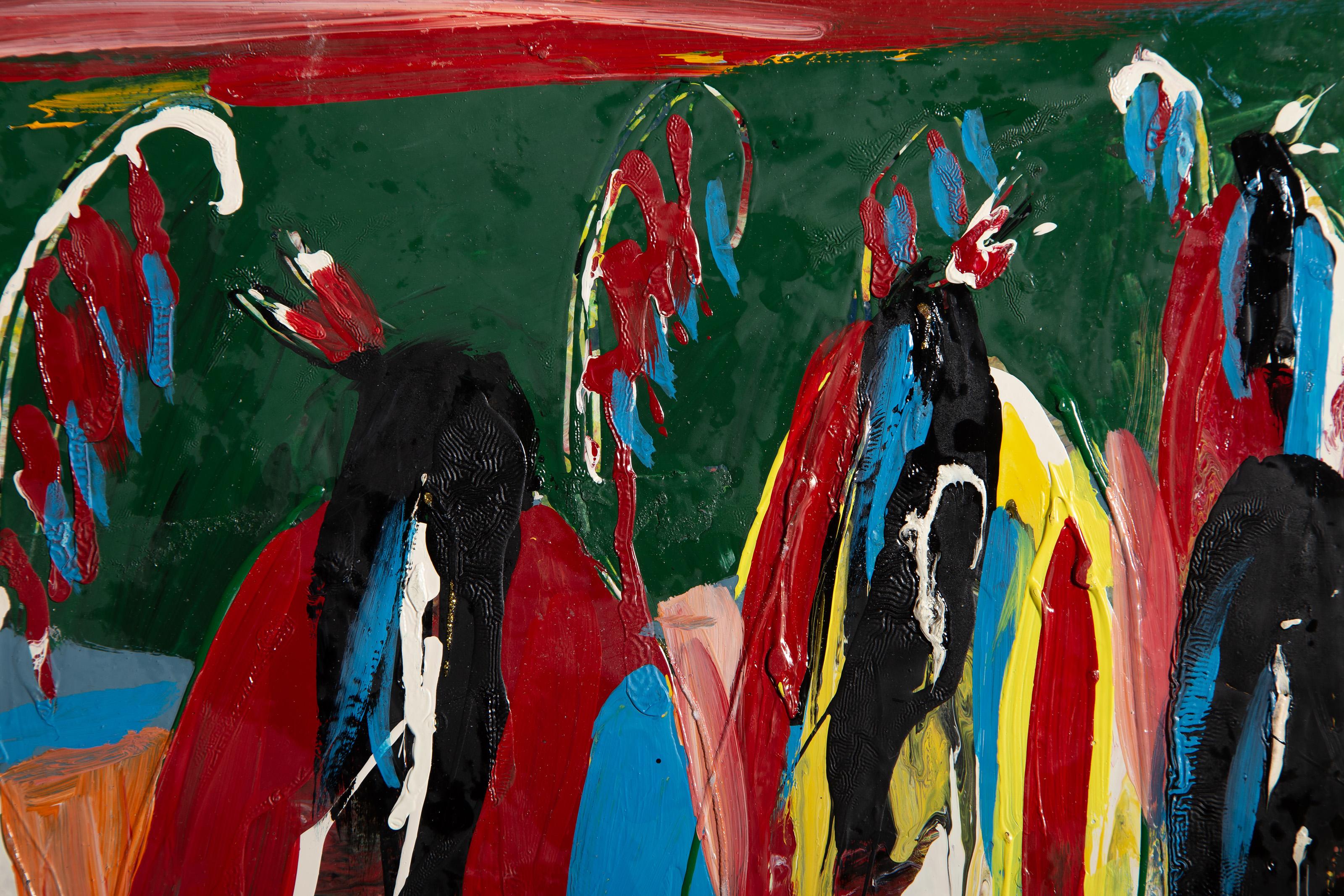 Figuras caminando por el desierto, pintura acrílica de arte popular de Ernani Silva 1