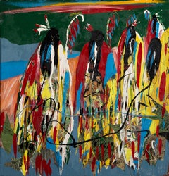 Figuras caminando por el desierto, pintura acrílica de arte popular de Ernani Silva