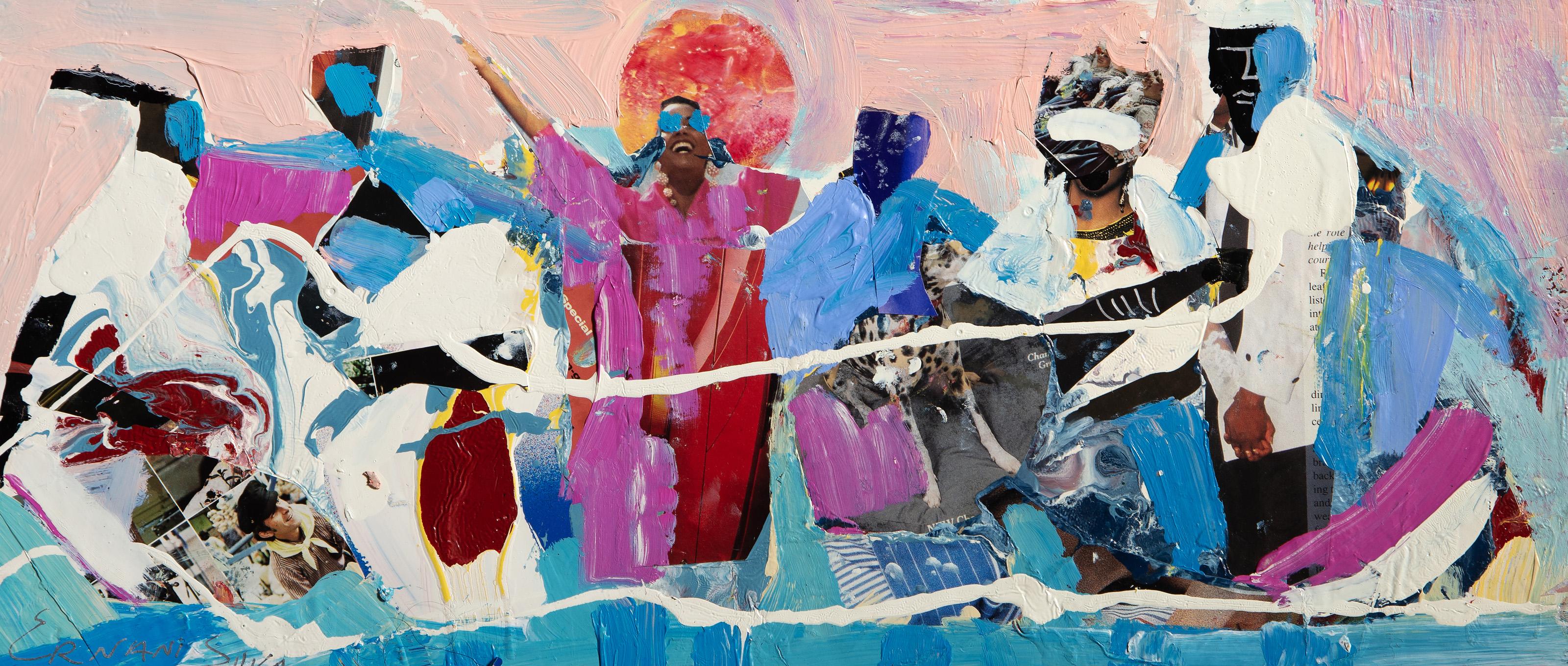 Ernani Silva, Brasileña - Alegría, Técnica: Acrílico, collage y esmalte sobre tabla, firmado a rotulador abajo a la izquierda, Tamaño: 22,23 x 49,53 cm (8,75 x 19,5 pulg.)
