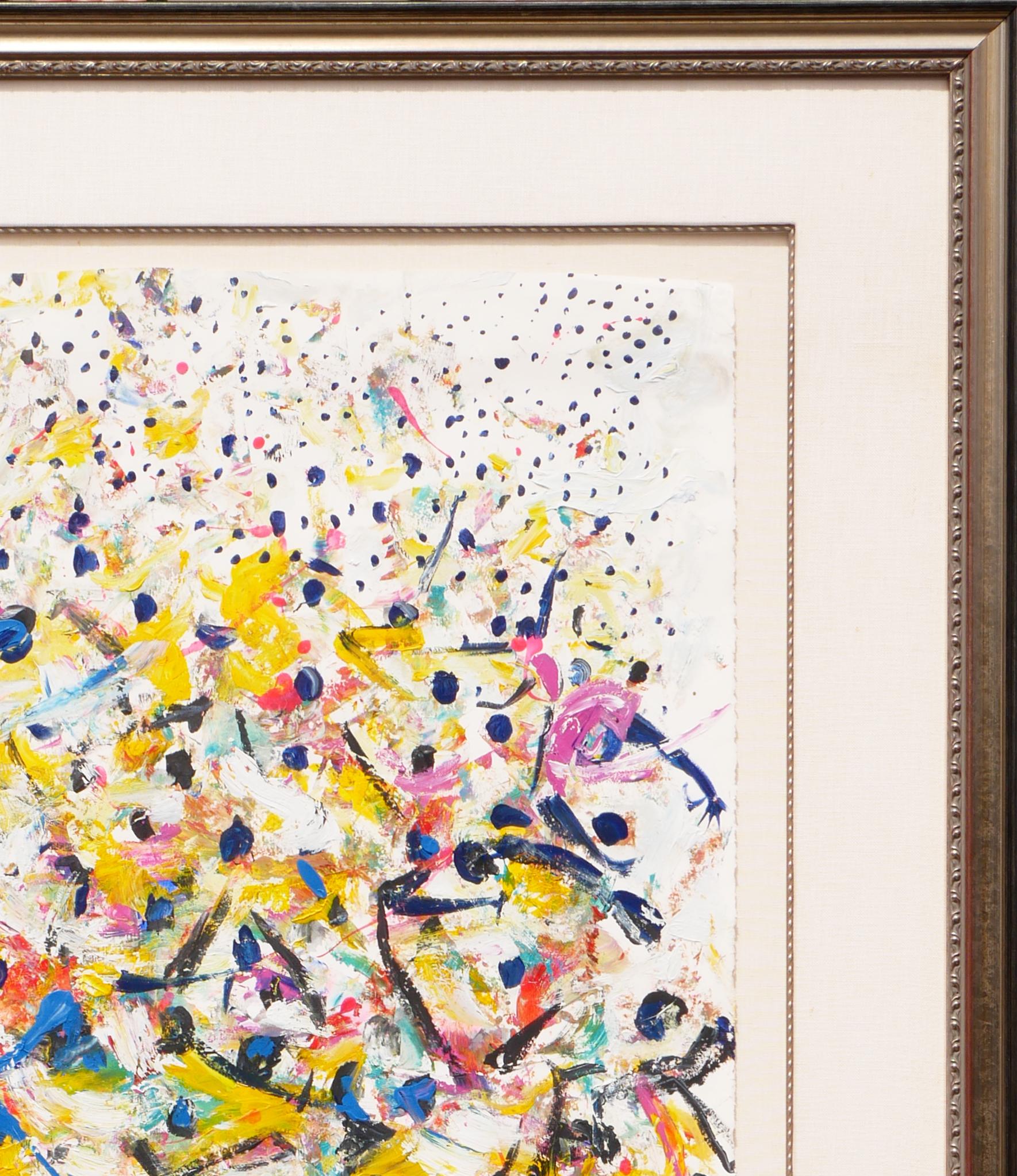 Colorful abstract expressionist figurative painting by Brazilian artist, Ernani Silva. This painting on archival paper depicts a crowd of people dancing on what seems to be an ice skating rink. Signed by the artist in front lower left corner.