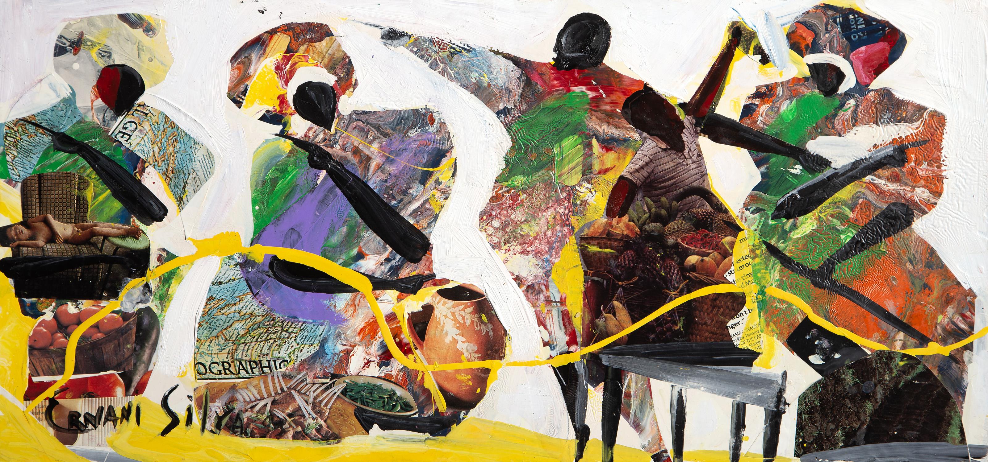 Ernani Silva, Brésil - Cuisine locale, Médium : Acrylique, collage et émail sur panneau, signé au marqueur, Taille : 10 x 21 in. (25.4 x 53.34 cm)
