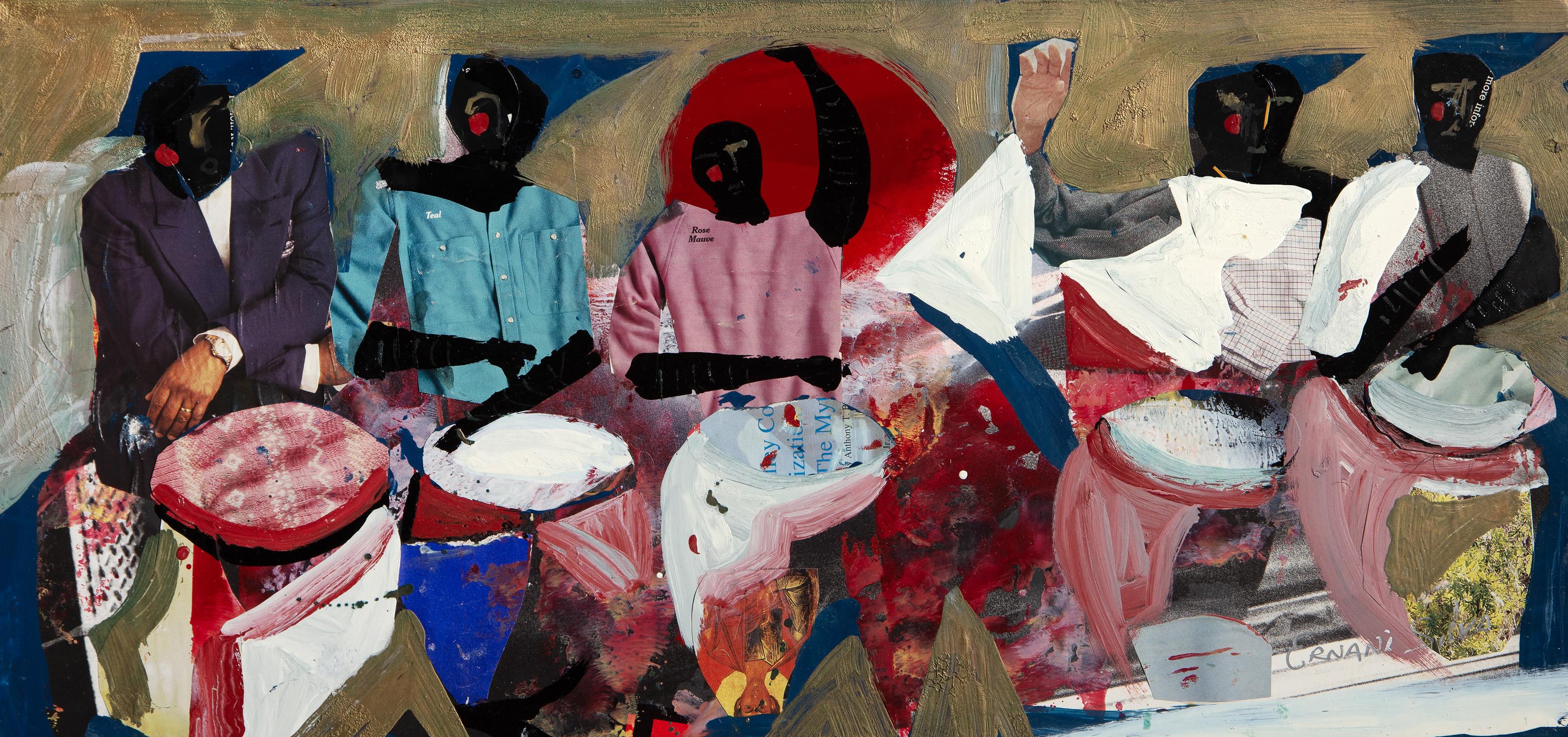 Ernani Silva, Brasileña - Occidente se encuentra con Oriente, Técnica: Acrílico, collage y esmalte sobre tabla, firmado a rotulador abajo a la derecha, Tamaño: 26,67 x 55,88 cm (10,5 x 22 pulg.)