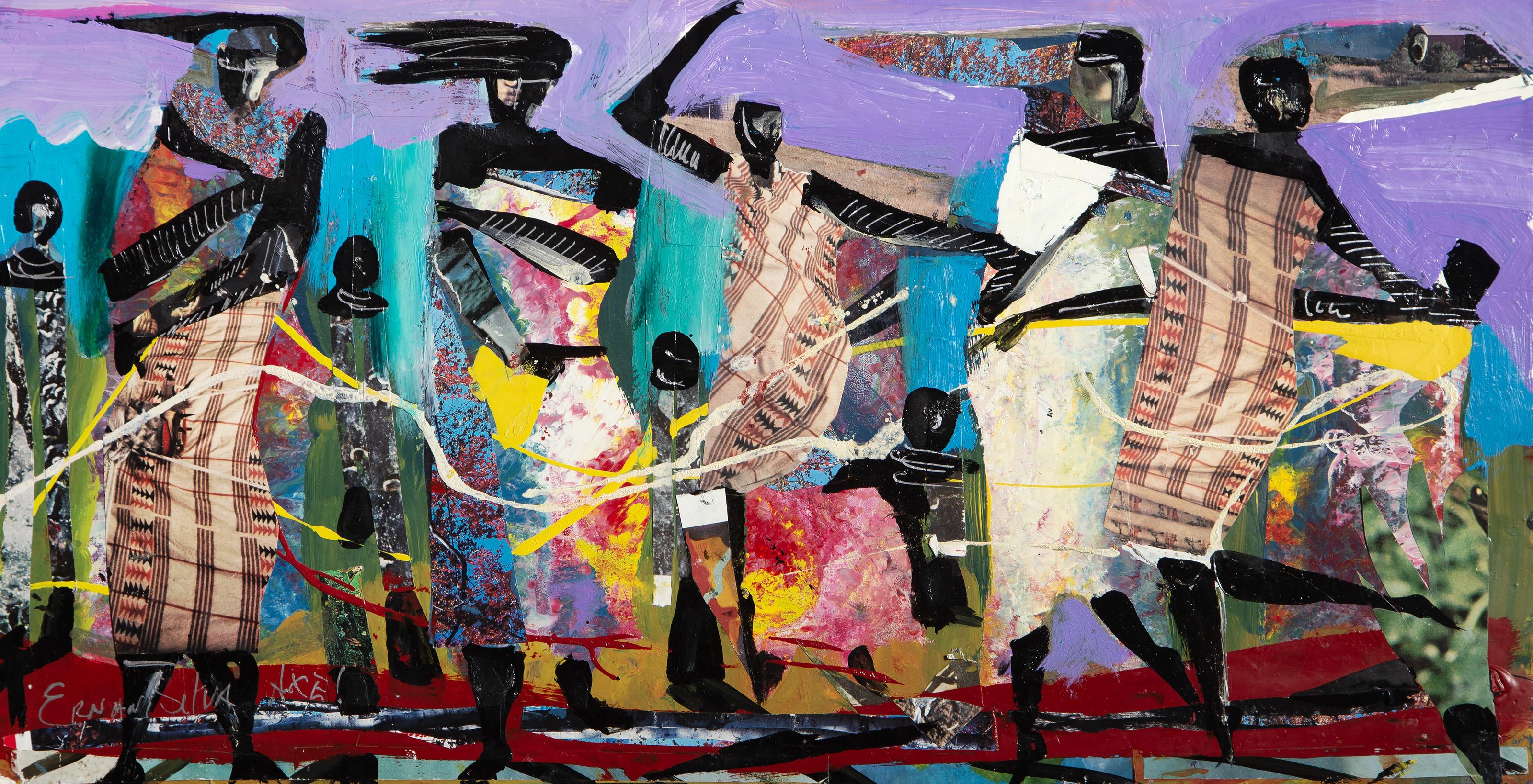 Ernani Silva, Brasileña - Mujeres y Niños, Técnica: Acrílico, Collage y Esmalte sobre tabla, firmado a rotulador, Tamaño: 28,58 x 55,88 cm (11,25 x 22 pulg.)