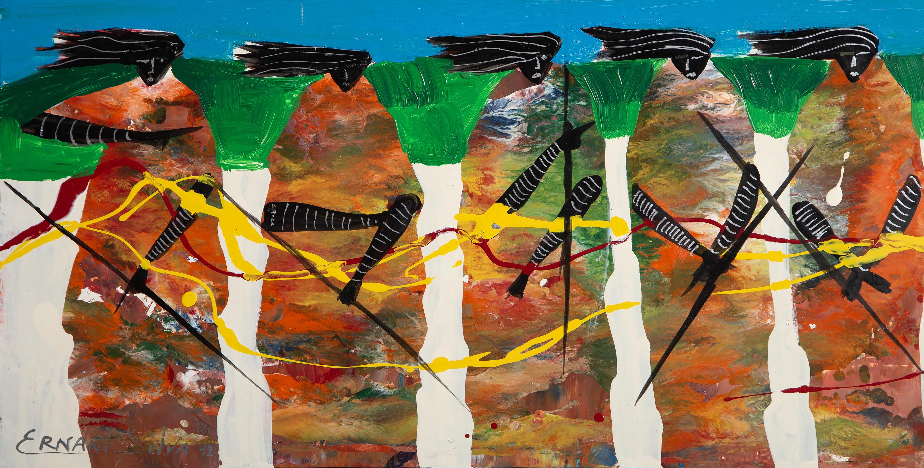 Mujeres al viento, pintura acrílica de arte popular de Ernani Silva