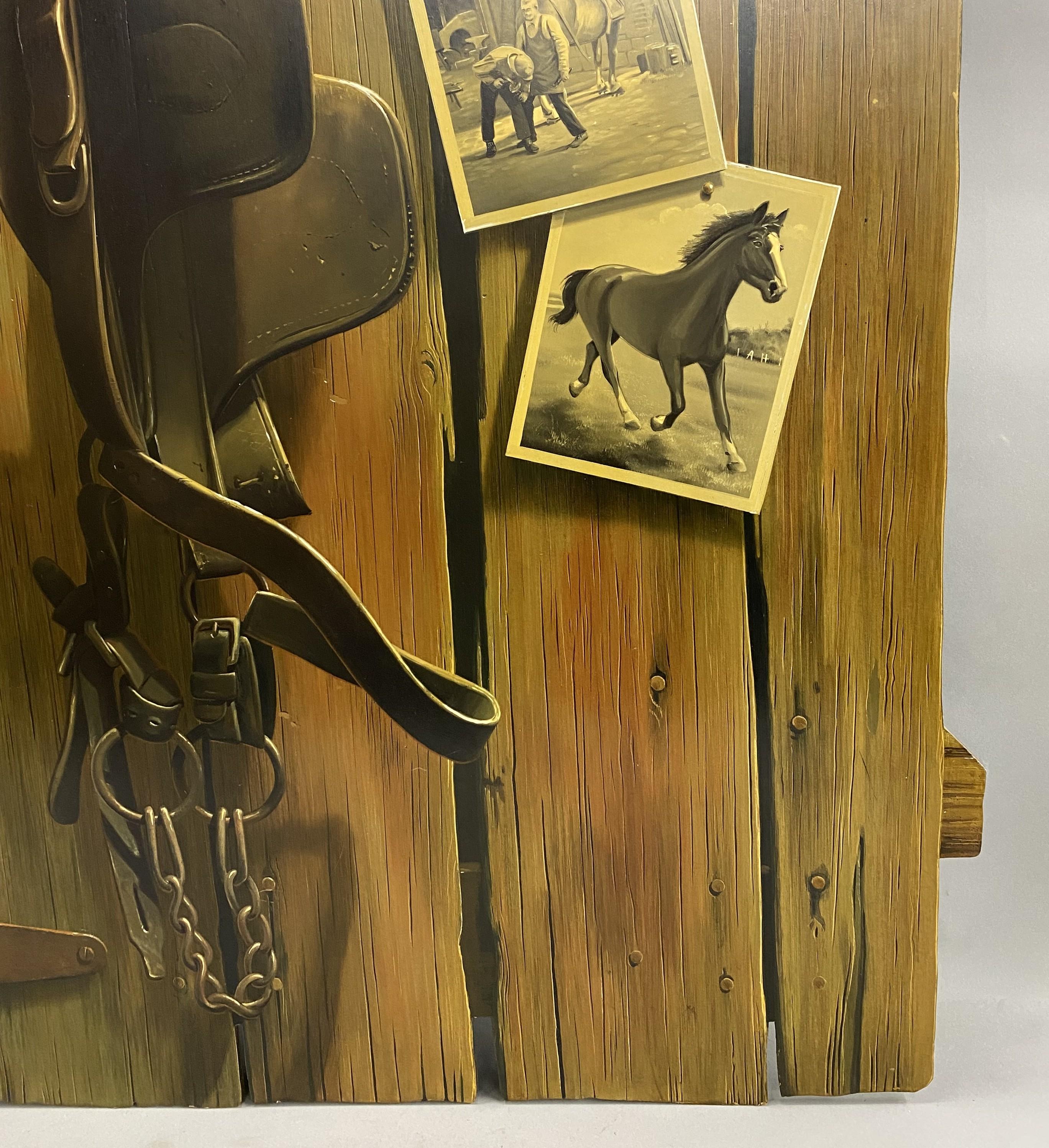 A finely detailed trompe l’oeil oil painting of a horse bridle and photographs on a stable door by Canadian American artist Ernest Albert Land (1918-2006). Land was born in Hamilton, Ontario, Canada. His family moved to New York City when he was