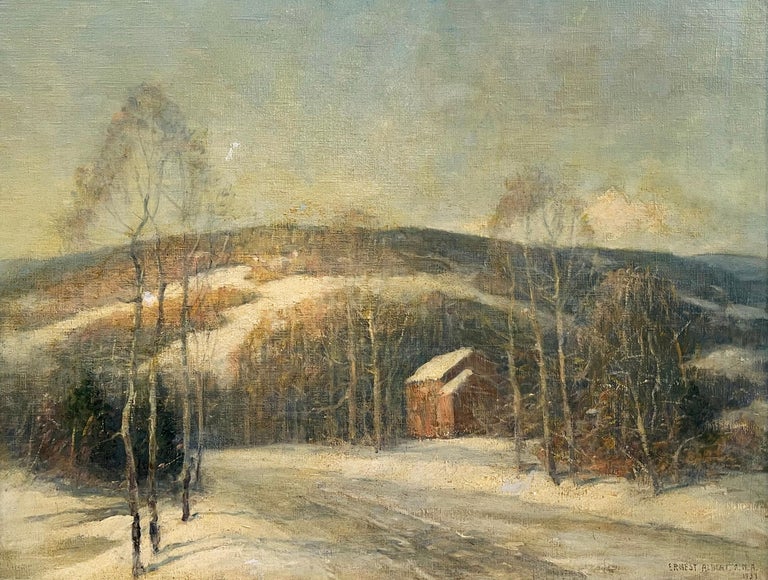 Antique American Impressionist Winter Landscape Exhibited Signed Oil Painting For Sale 1