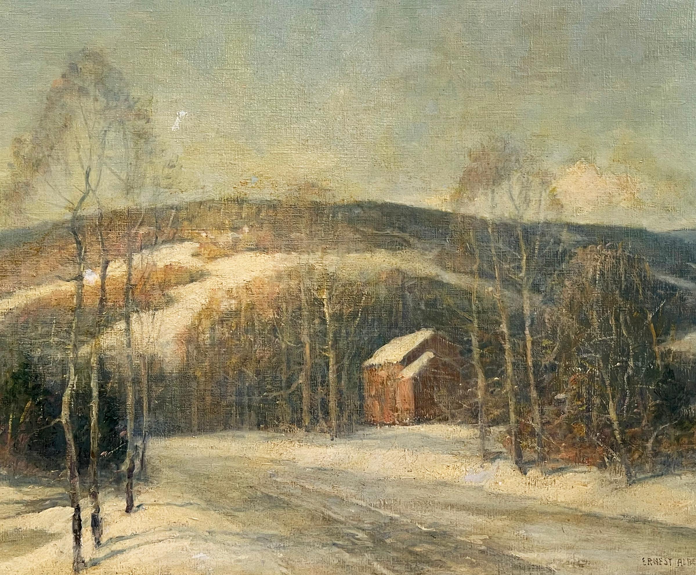 Antique American Impressionist Winter Landscape Exhibited Signed Oil Painting - Brown Landscape Painting by Ernest Albert