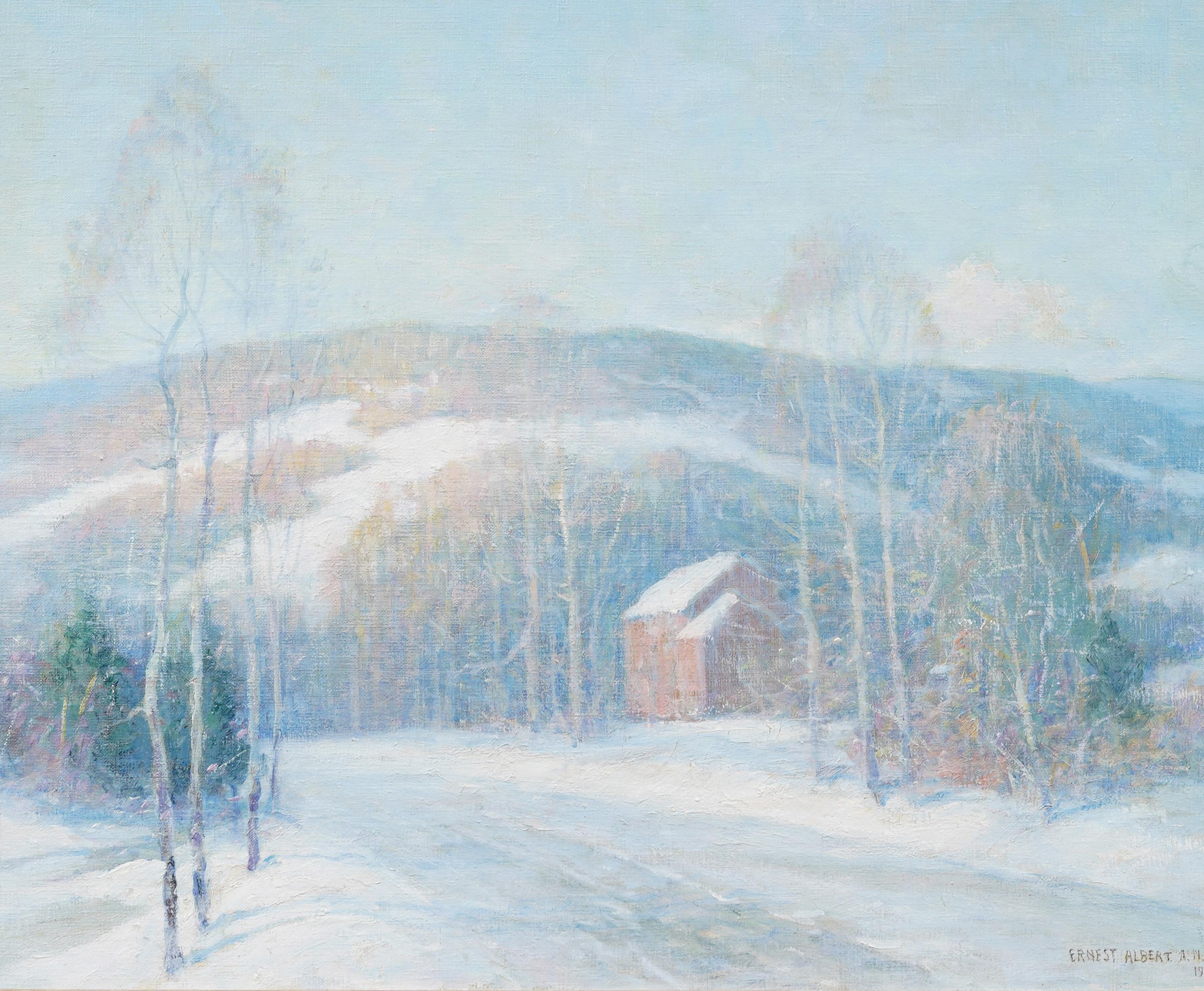 Antique American Impressionist Winter Landscape Exhibited Signed Oil Painting - Brown Landscape Painting by Ernest Albert