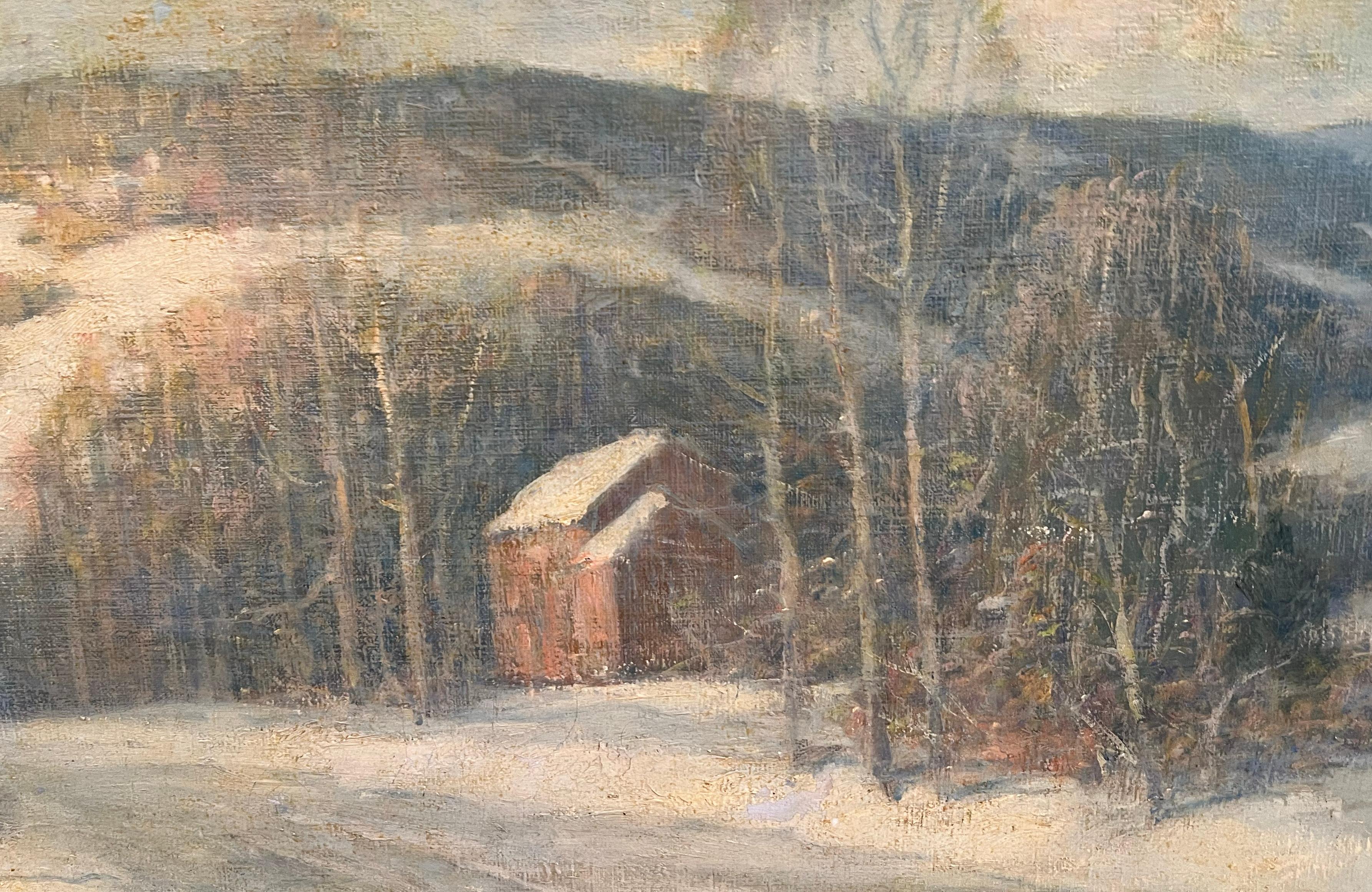 Antique American impressionist winter landscape oil painting by Ernest Albert (1857 - 1946).  Oil on canvas, circa 1900.  Signed.  Framed.  Image size, 24