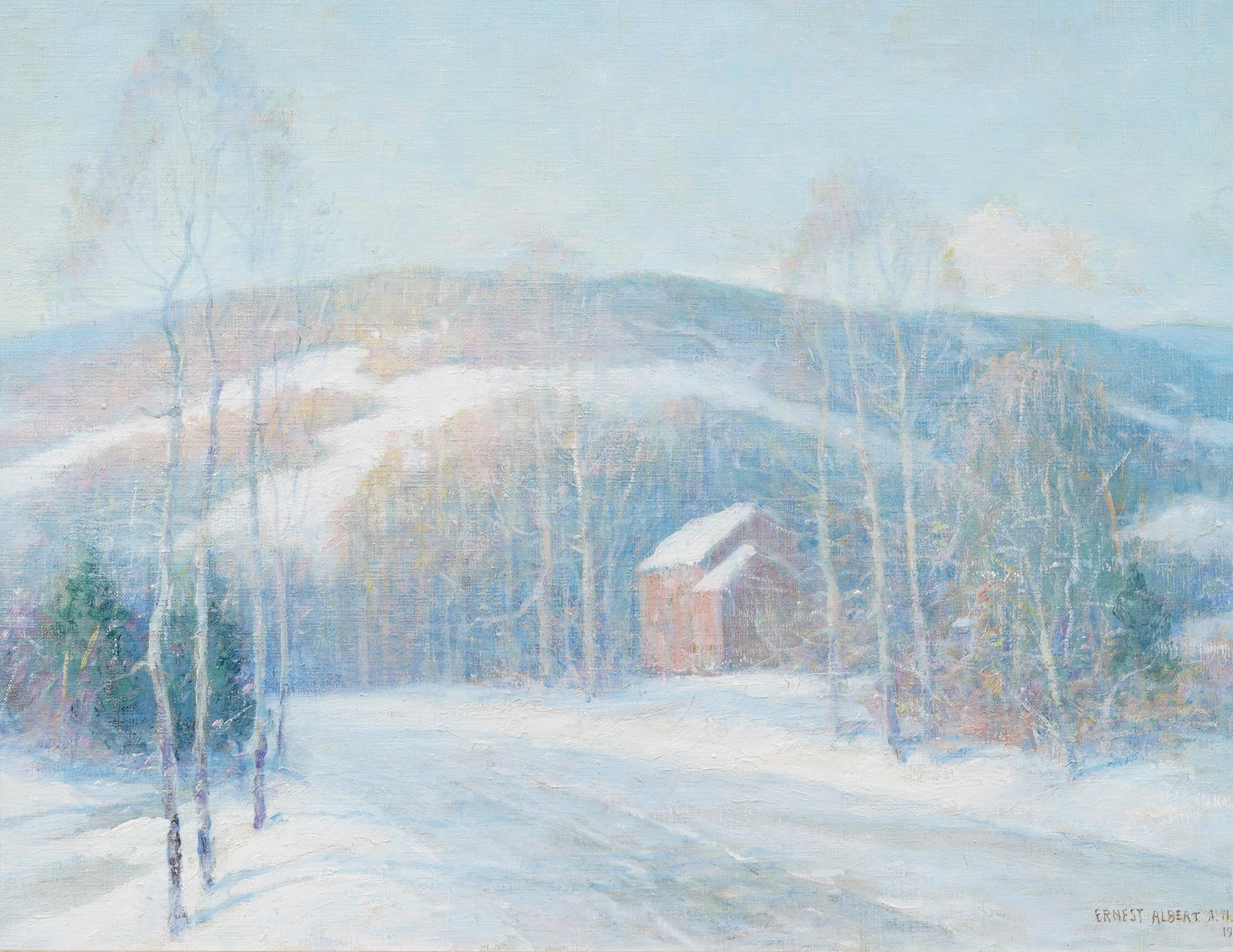 Antique American impressionist winter landscape oil painting by Ernest Albert (1857 - 1946).  Oil on canvas, circa 1900.  Signed.  Framed.  Image size, 24